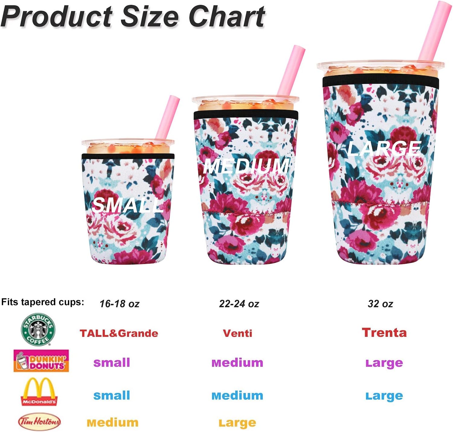 2 Pack Iced Coffee Sleeves, Reusable Neoprene Iced Coffee Cup Sleeves, Insulator Sleeve for Beverages, Cold Drink Cup Sleeve for Starbucks Coffee, McDonalds (2 Pack with 18oz, Blush Floral)