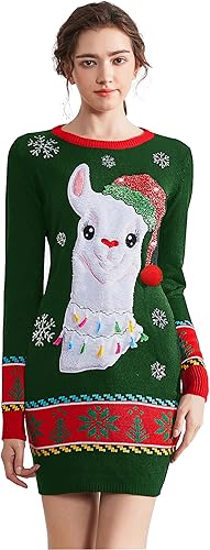 v28 Vestido feo tipo suéter de Navidad para mujer, tejido, con divertido diseño de renos.