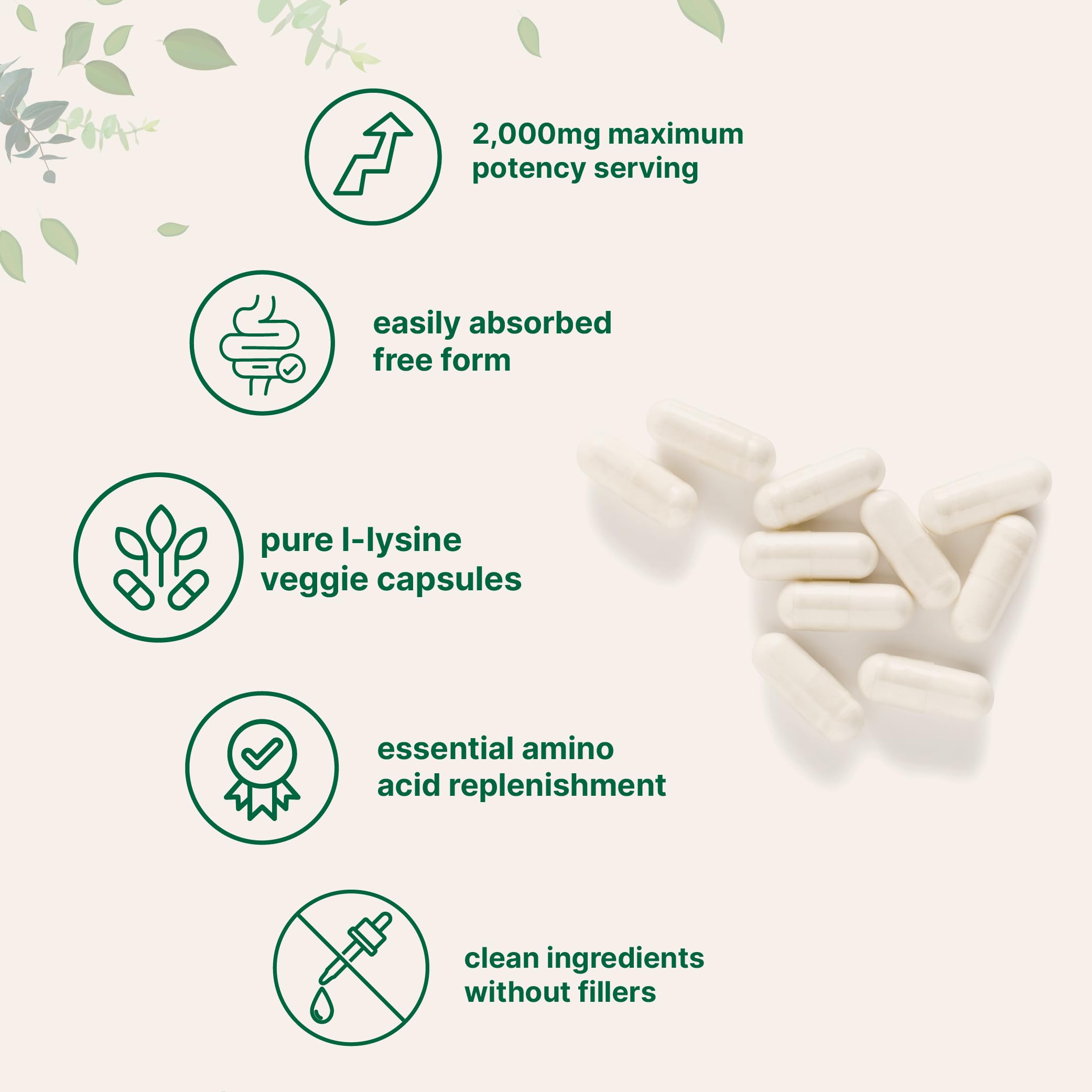 Pure L-Lysine 2,000mg, 300 Veggie Capsules | Maximum Potency, Easily Absorbed, Free Form | Essential Amino Acid for Collagen, Lip, & Immune Support | Clean Ingredients Without Fillers