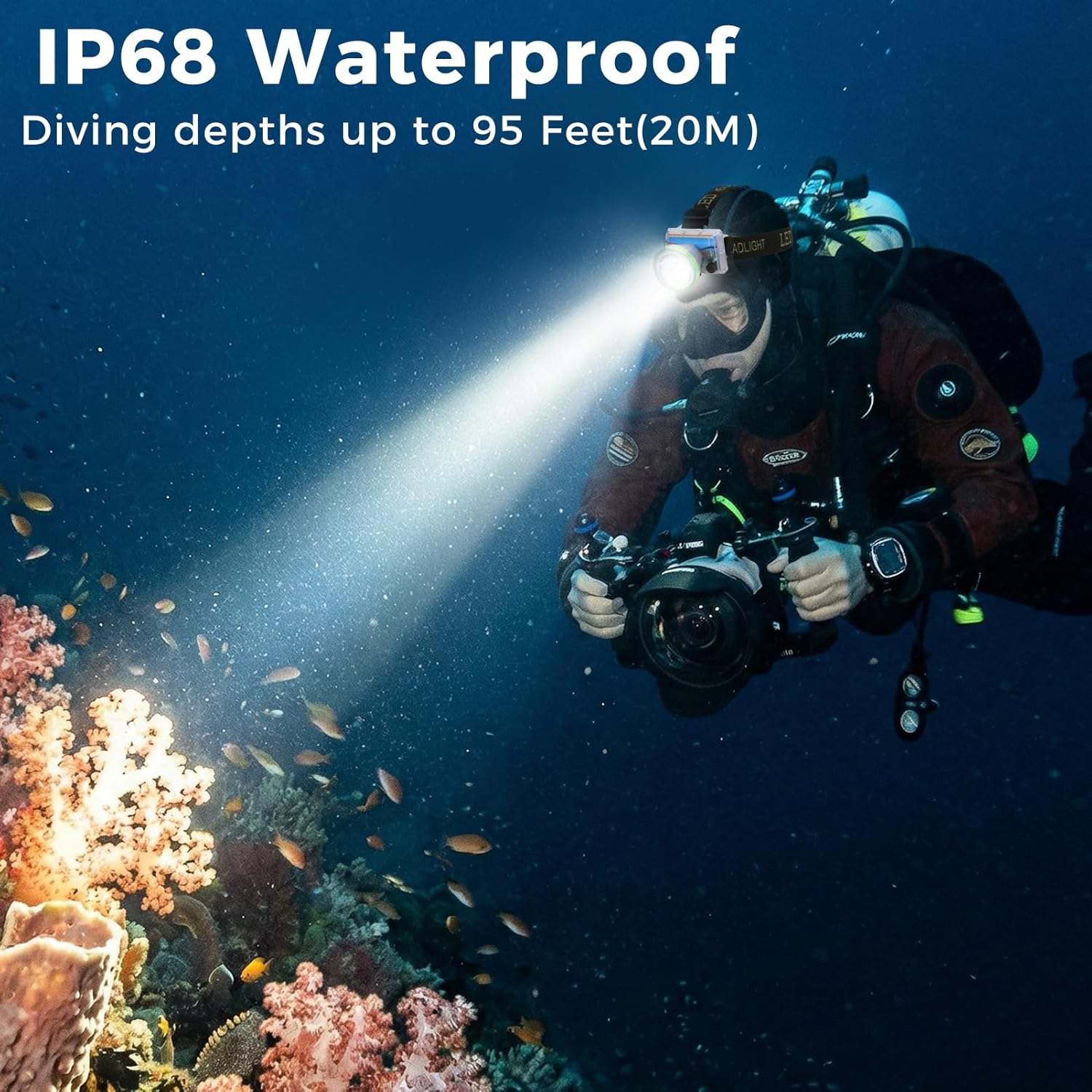 Rechargeable Diving Headlamp, 4 Modes, 20H Runtime, Lightweight Scuba Dive Light, 4000mA Battery with USB Charger Cable