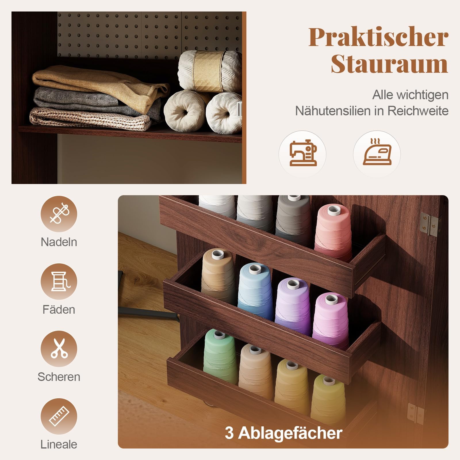 FANTASK Nähmaschinenschrank klappbar mit Ladestation, Nähschrank, Nähtisch aus Holz mit Regalen, 2 in 1 Nähmaschinentisch mit abschließbaren Rädern, Basteltisc für Schlafzimmer & Wohnzimmer (Kaffee)