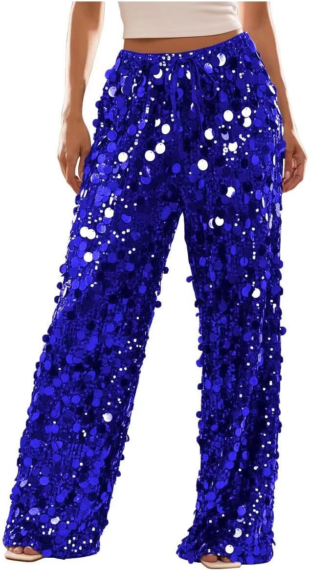 Sequin Pants for Women Sparkly Glitter Womens Pants Dressy Casual Shiny Drawstring Wide Leg Trousers