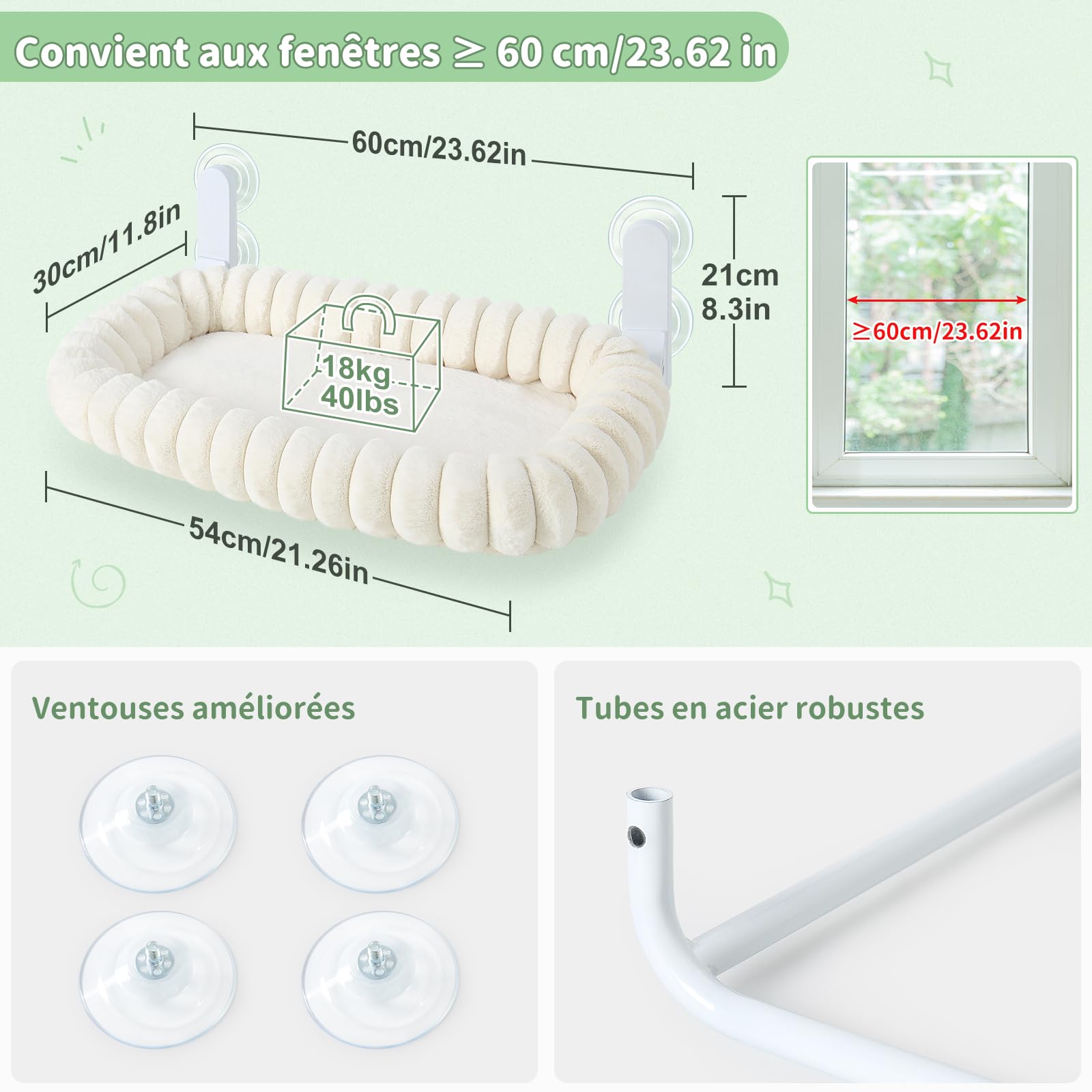 GUUSII HOME Hamac Chat Fenetre Pliable Panier Perchoir Suspendu Lit pour Petite et Grande Chats Ventouse Support Transat Etagere Coussin Chaise Interieur Tapis Réversible 54 * 30cm (Blanc, M)