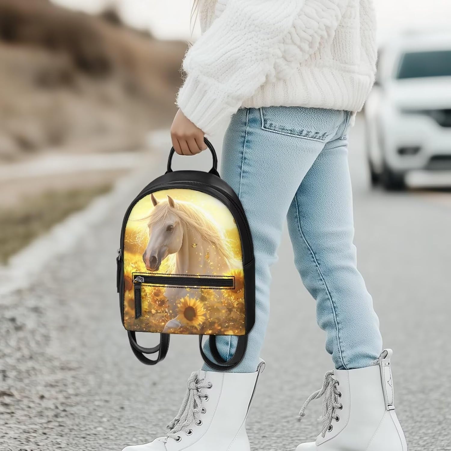 FOR U DESIGNS Compact Sunflower Horse Mini Backpack 9.2x7.2x3.9 Inch Anti-Theft PU Leather Shoulder Bag Lightweight Multiple Pockets for Hiking Gym Work Small