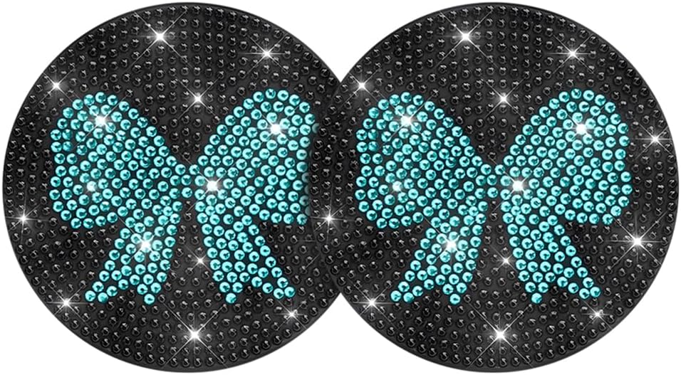 Bling Car Cup Holder Coaster, 2PCS Crystal Rhinestone Bow Shockproof Anti-Slip Vehicle Cup Holder Insert Decorative Pad, Automotive Interior Water Bottle Mat, Universal Fit (Black/Lake Blue)