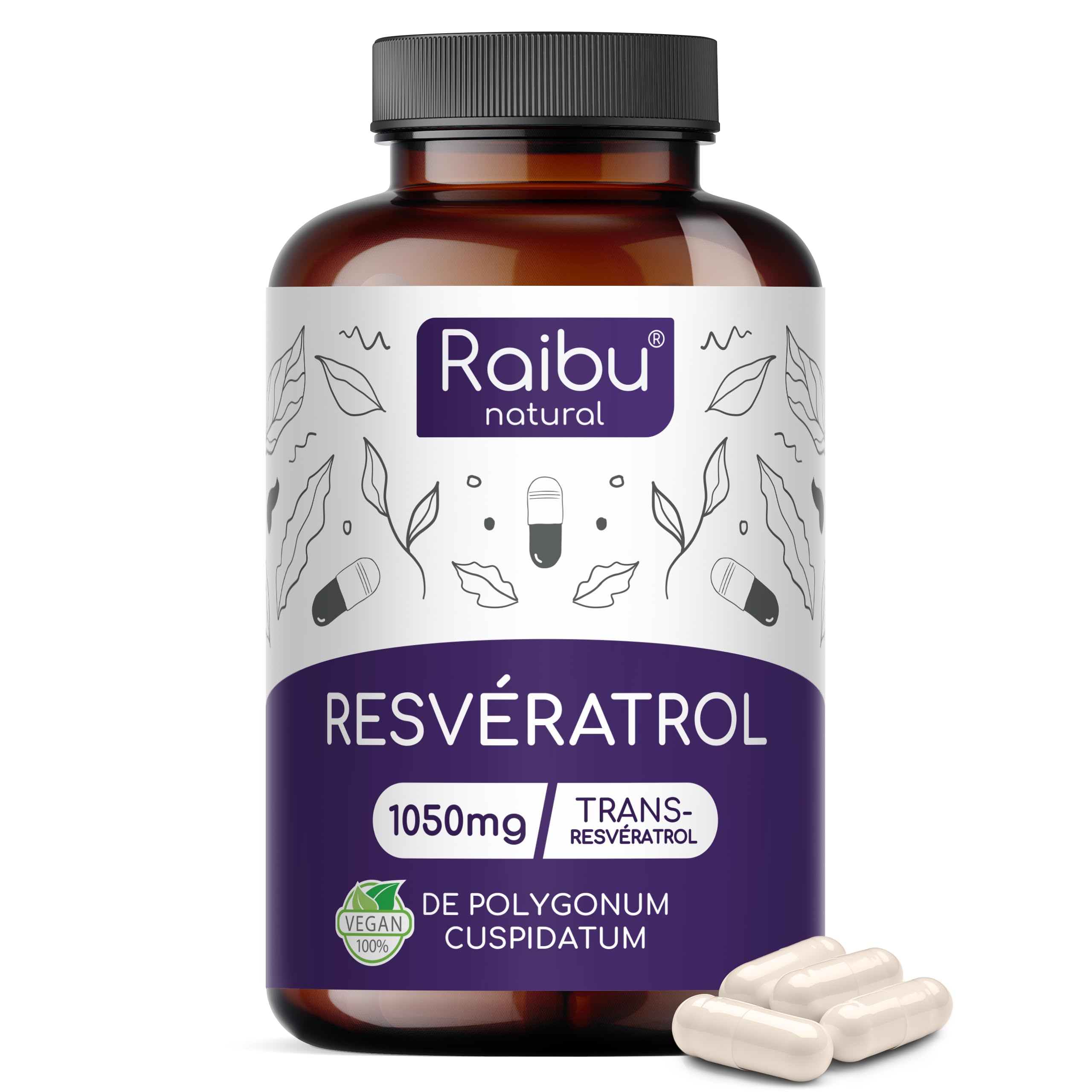 Resvératrol, 1050 mg de Trans Resveratrol Pur (98%) par dose quotidienne - Antioxydant Puissant - Extrait 140:1, 60 Gélules - Absorption Optimisée avec Pipérine - Végétalien, Sans Additifs
