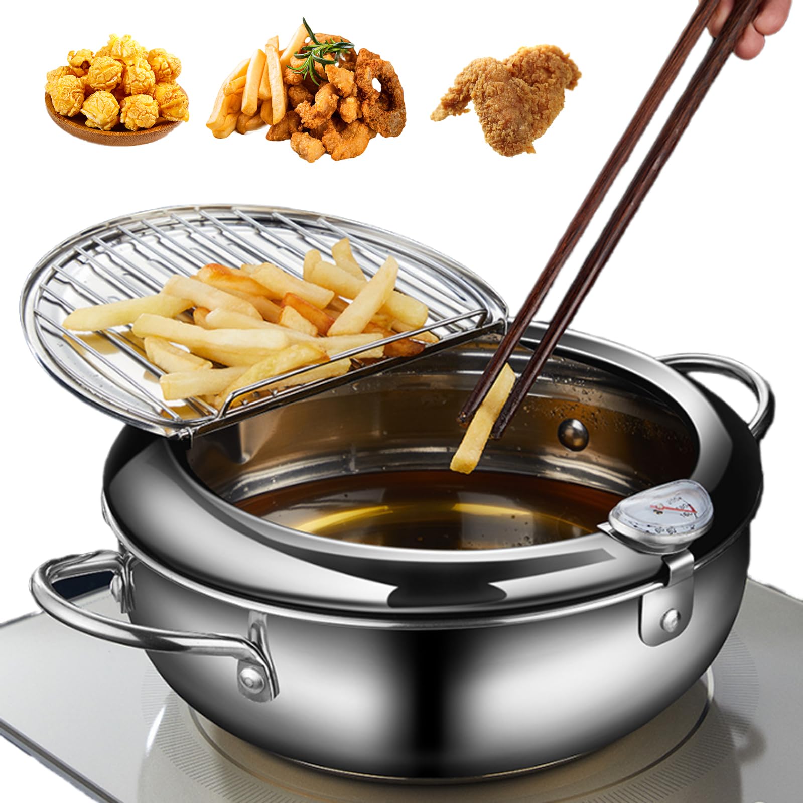 Fritteusentopf, Edelstahl-Bratentopf mit Thermometer, Öltropfgestell und Deckel, 24 cm, ideal für Pommes Frites, Huhn und mehr
