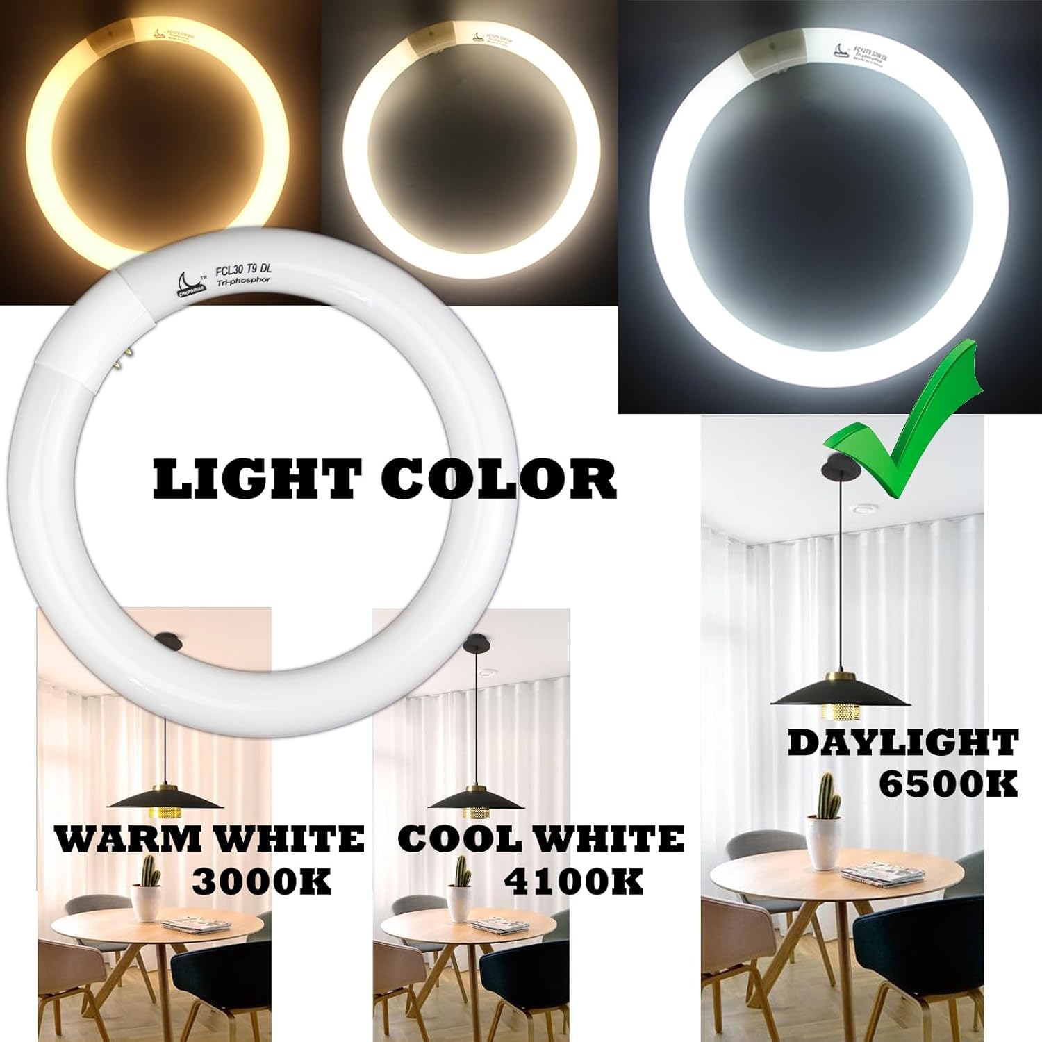 CHKADAWA FC9T9 9 inch Circline Light Bulbs T9 30W, FCL30 Circular Fluorescent Lamp Round 30 Watts Bulb Replacement for Ceiling Fan Fixture, Daylight DL 6500K, G10q 4 Pin Base, 2 Pack