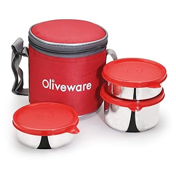 Lovely Stylo Lunch Box, Leak Proof & BPA Free Lid, 3 Stainless Steel Containers (250ml, 250ml & 500ml), Fabric Jacket - Red