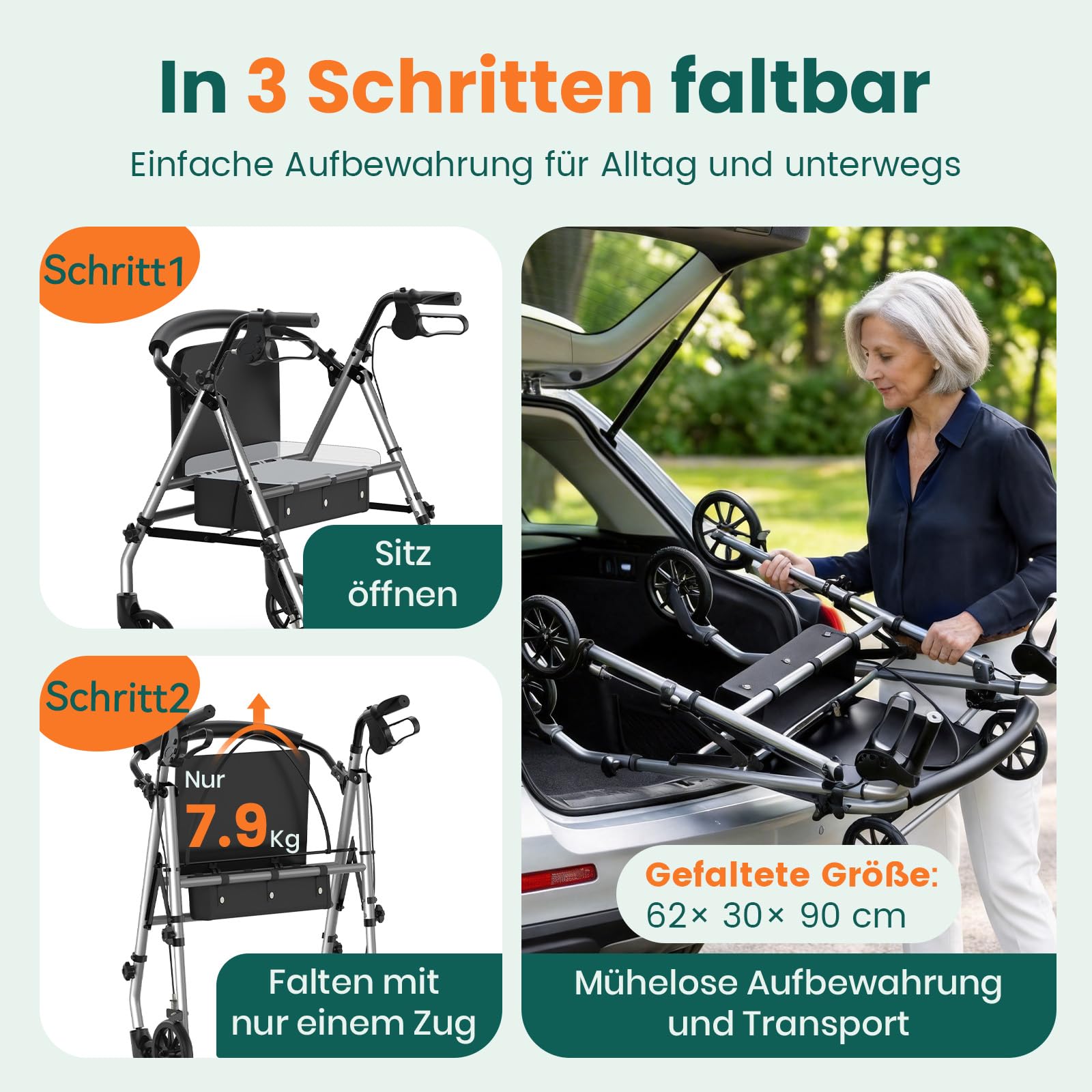 Faltrollator mit Sitz – stabiler 4-Rad-Gehwagen für Senioren & Gehbehinderte, Silbergrau