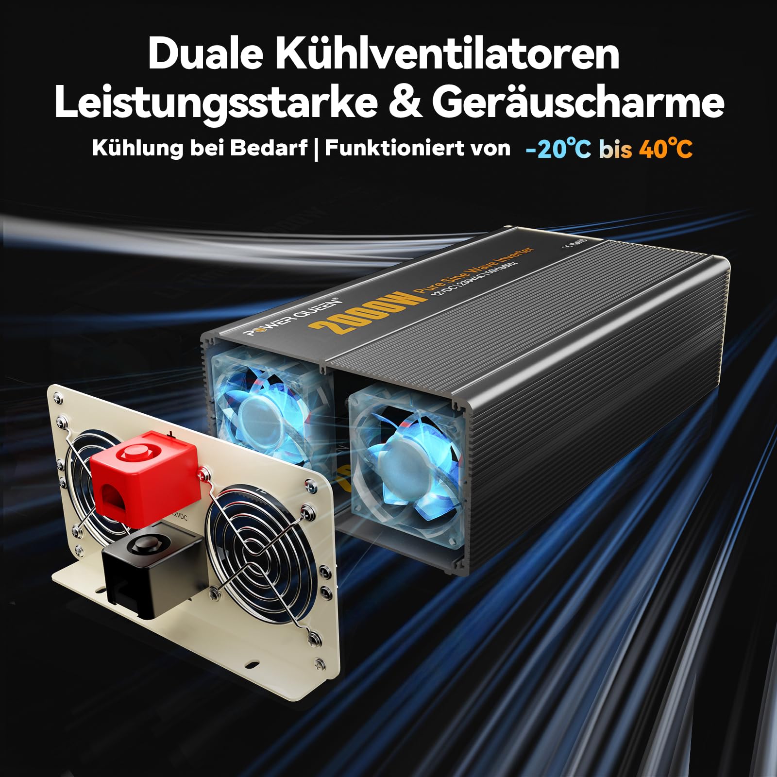 Power Queen 2000W Wechselrichter Reiner Sinus 12V Auf 230V Spannungswandler mit LCD-Anzeige+Fernbedienung, 2 AC Steckdosen, USB+Tycp-C Anschluss, Solar Power Inverter für Wohnmobile, Camping, Boot
