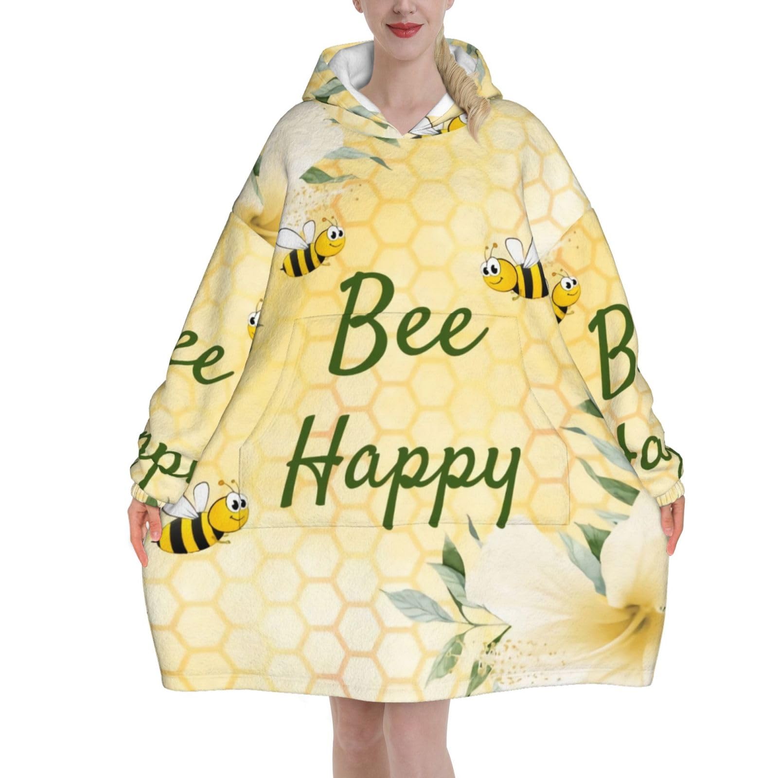 Bee Happy Bumble Bees Yellow Honeycomb Blanket Hoodies For Women And Men Adult Oversize Wearable Blanket Hoodies For Soft And Warm