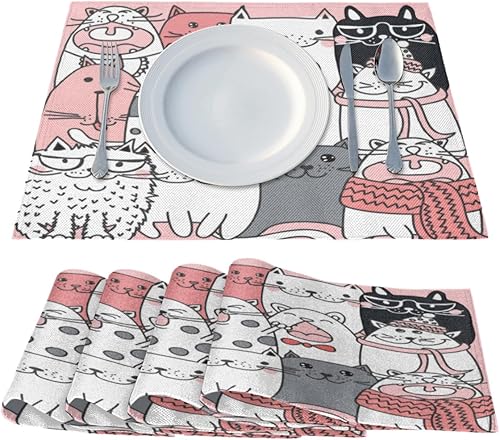 Miniatura 2 de Lovely Cats Pattern Placemats Set of 4 Table Mats Washable Placemat Waterproof Place Mats for Party Home Dining Table Decor 18x12 in