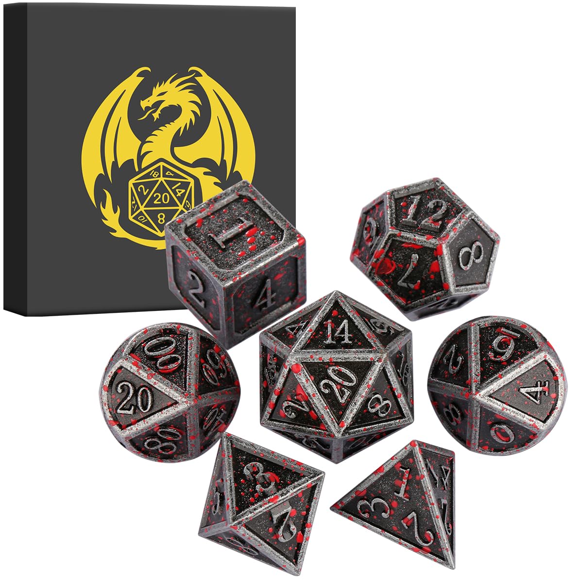 Set di Dadi in Metallo D&D, 7 pezzi di Dadi Poliedrici in Metallo, Accessori per Giochi di Ruolo, Regali DND con Scatola Regalo, D20, D12, 2 D10 (00-90 e 0-9), D8, D6 e D4, Argento Macchiato di Sangue