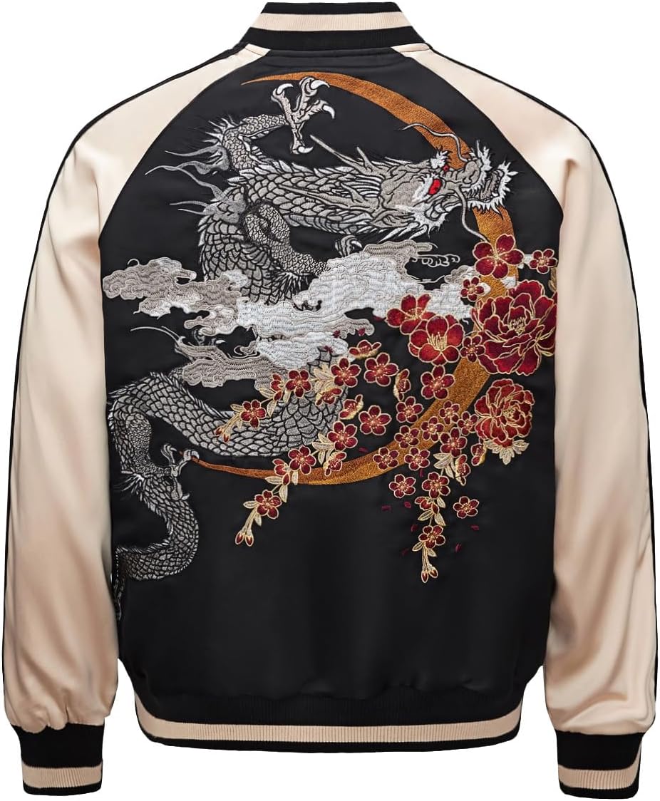 Satin Dragon Embroidery Men Bomber Jacket Vintage Hip Hop Streetwear Full-Zip Windbreaker for Spring Autumn