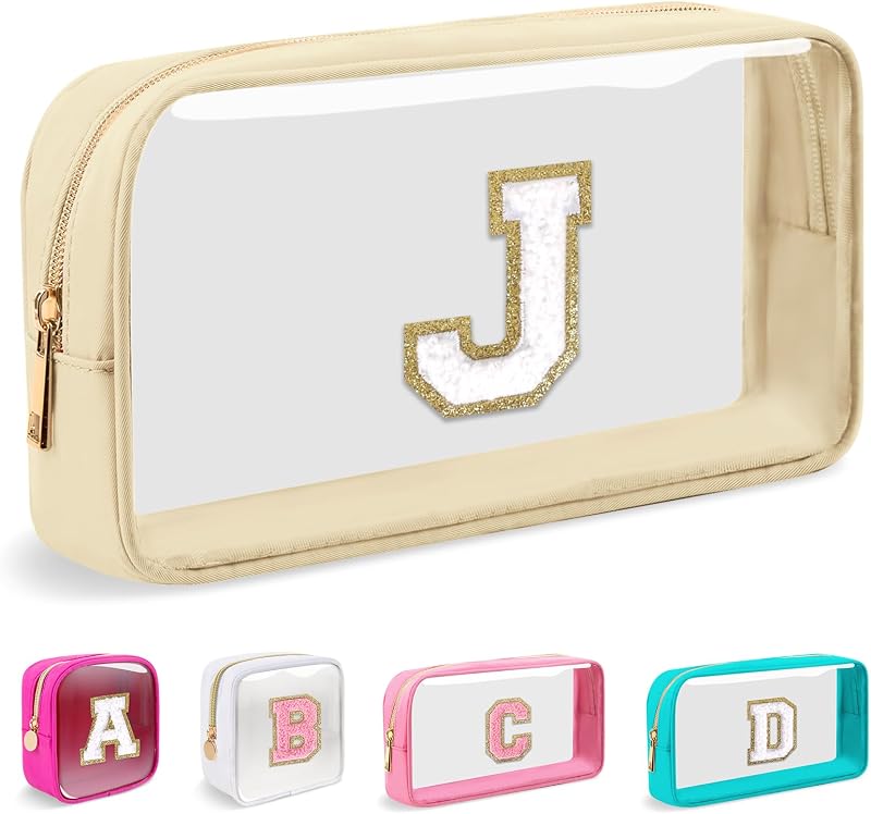 Necessaire transparente Iqimott com letra J, nylon e zíper, bege e branco