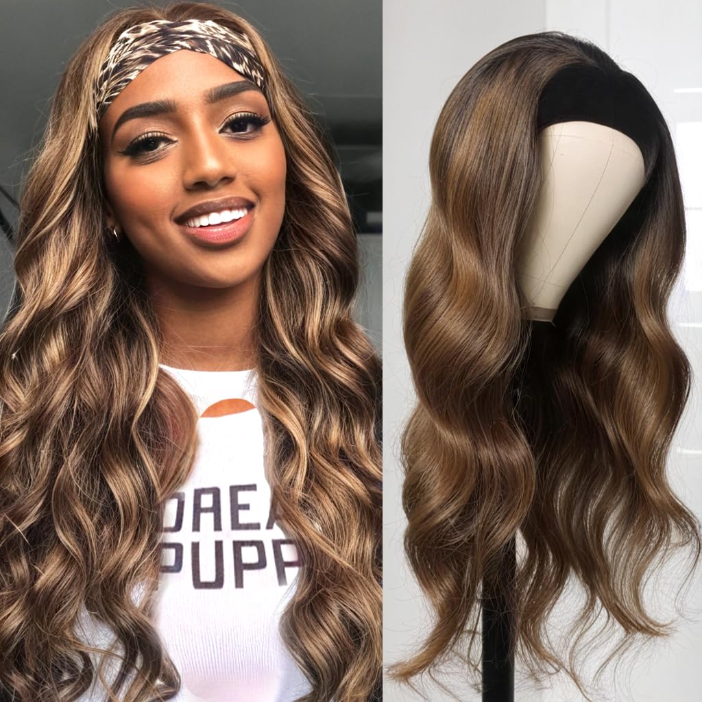 Highlight Headband Wig Human Hair #4/27 Ombre Body Wave Headband 16 Inch Glueless None Lace Front Wigs for Black Women Honey Blonde Brazilian Virgin Human Hair 150% Density