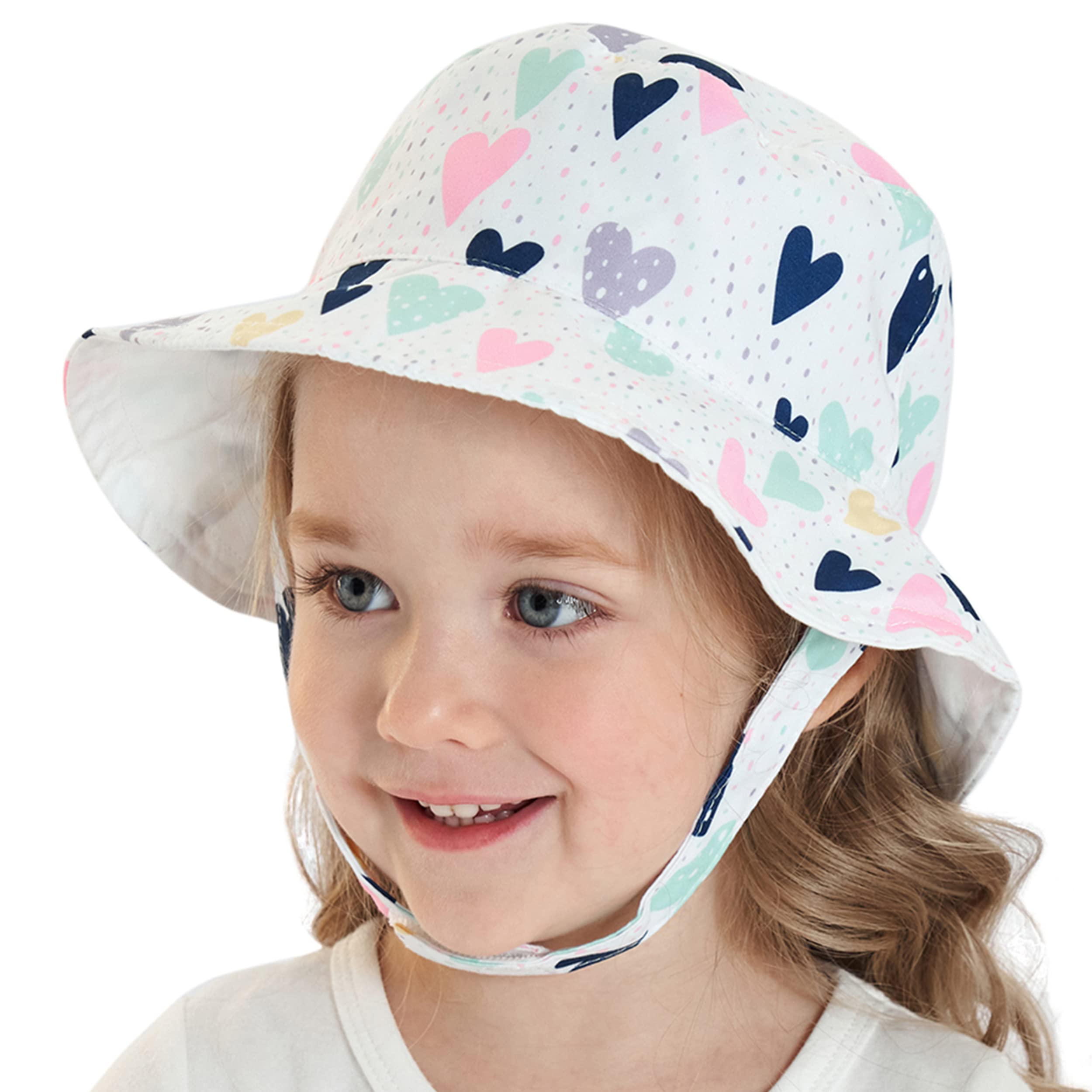 Muryobao Toddler Baby Kids Summer Sun Hat Wide Brim UPF 50+ UV Protection Reversible Adjustable Travel Beach Bucket Cap White Heart Age 2-5 Years