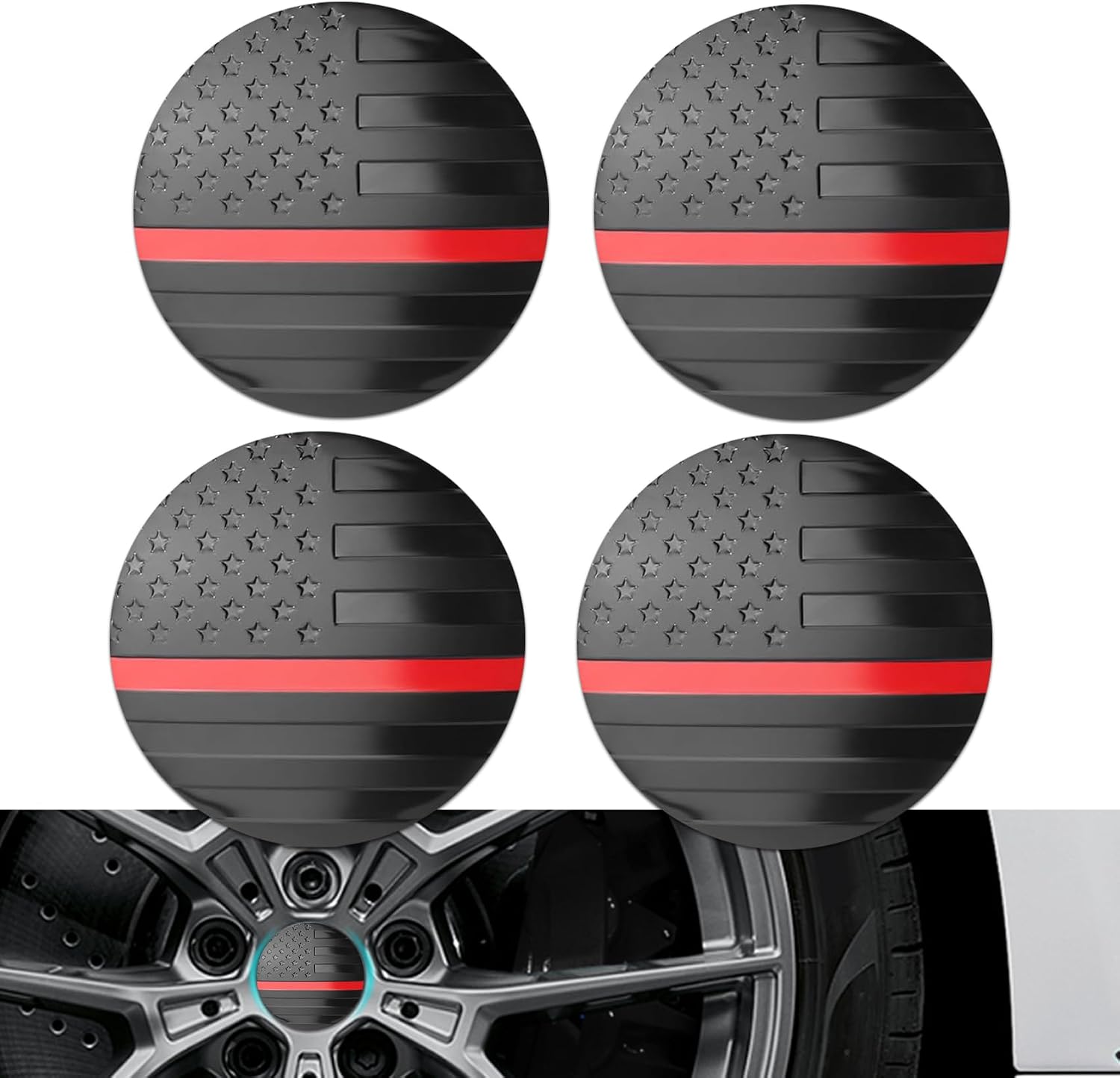 4PCS American Flag Car Wheel Center Caps, Wheel Center Cap Stickers, 56mm Vehicle Hub Caps Covers for Rims, Car Accessories Waterproof & Rustproof Wheel Hub Cap Decals Fit Cars (Black)