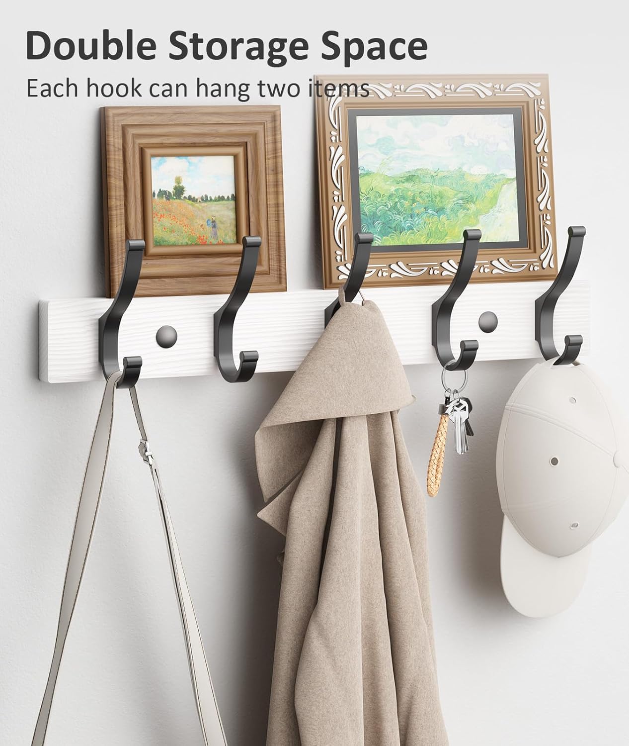 Optish Coat Rack Wall Mount, 16.5 Inches Wood Coat Hooks Wall Mount, Wall Coat Rack with 5 Hooks, Hat Rack Wall Hooks for Hanging Coat, Bag, Towel (2Pack, White)