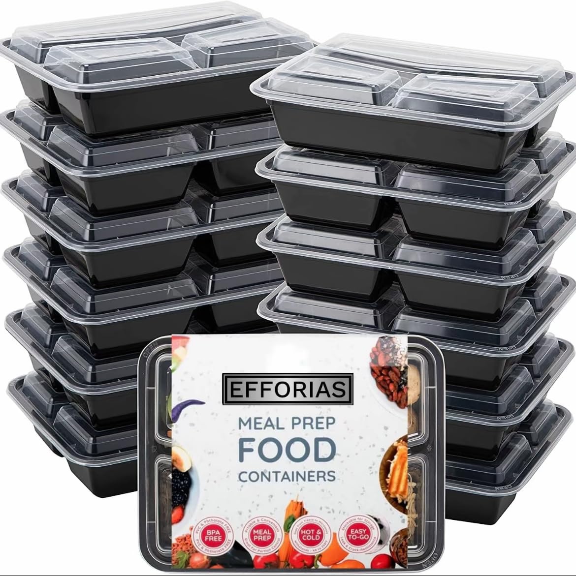 [10 Pack] 3 Compartment Plastic Meal Prep Containers - Reusable BPA Free Food Containers with Airtight Lids - Microwavable, Freezer and Dishwasher Safe