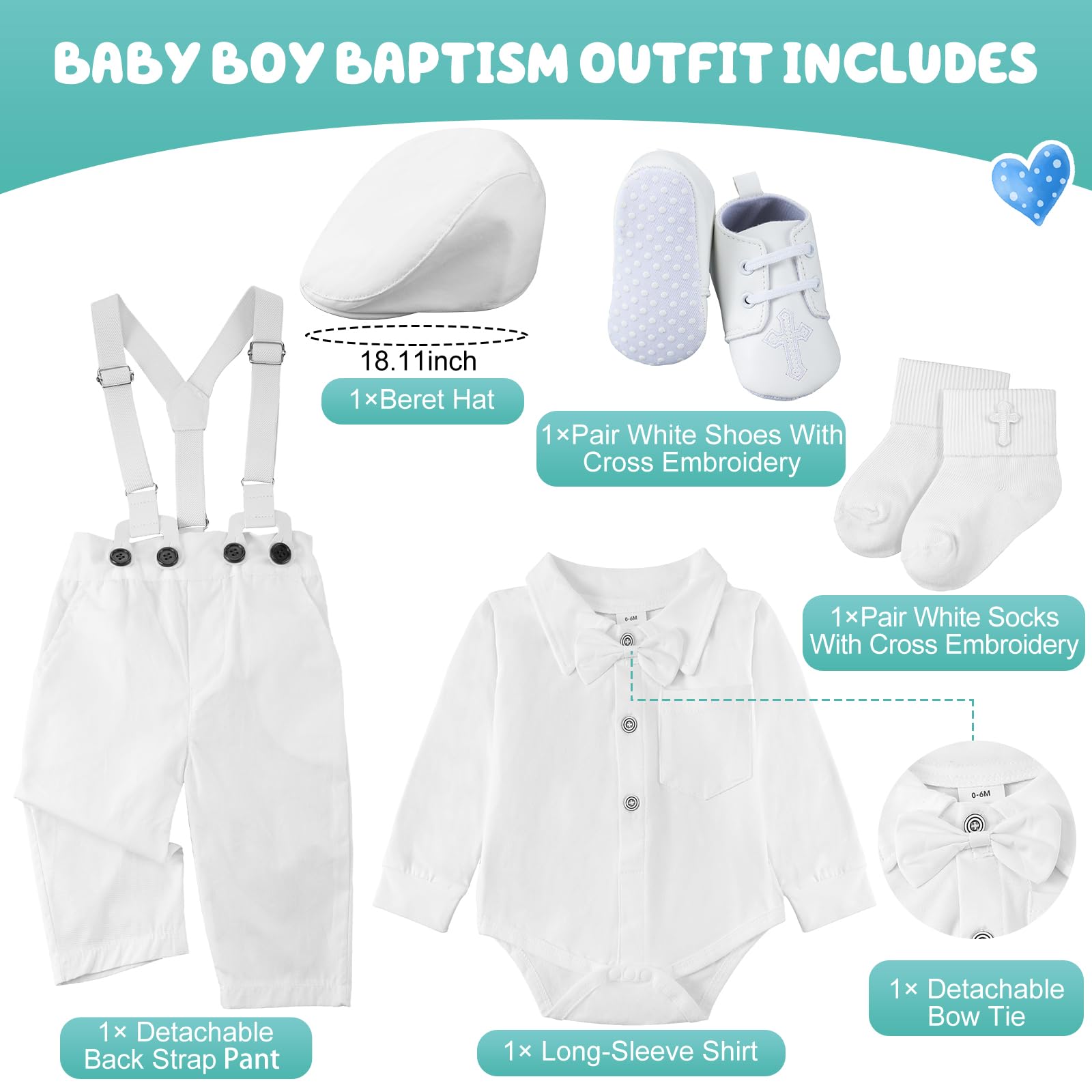 5 piezas de trajes de bautizo para bebé niño, incluye camisa, boina, sombrero, tirantes, pantalones, zapatos, calcetines, trajes de bautizo para niños
