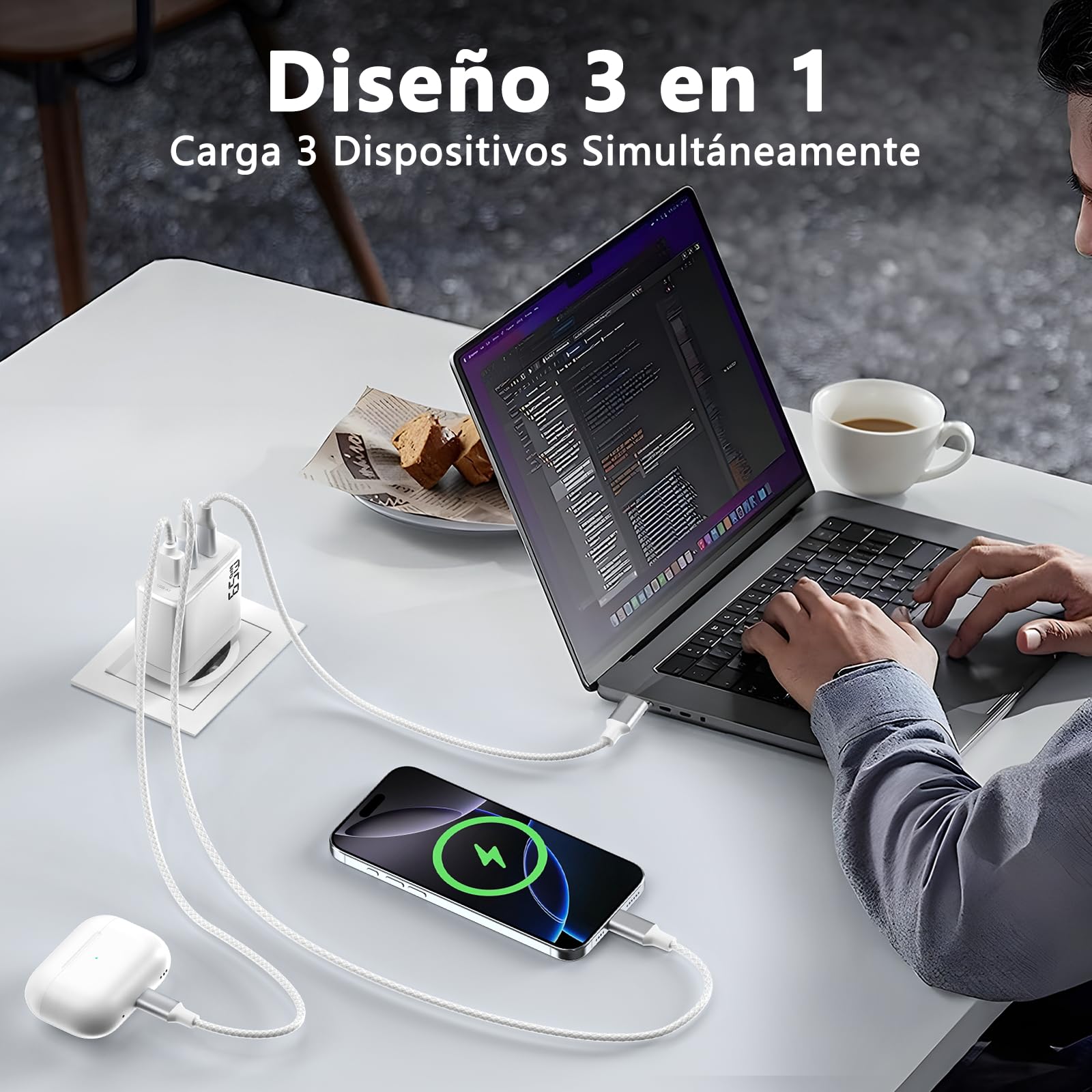 Cargador USB C 65W, Carga Rápida 3 Puertos PD3.0 & QC3.0, GAN II con Cable USB C Trenzado 2M, Compatible para MacBook Pro/Air, para iPhone 17/16/15, para Samsung Galaxy S25/S24/S23/S22 Ultra