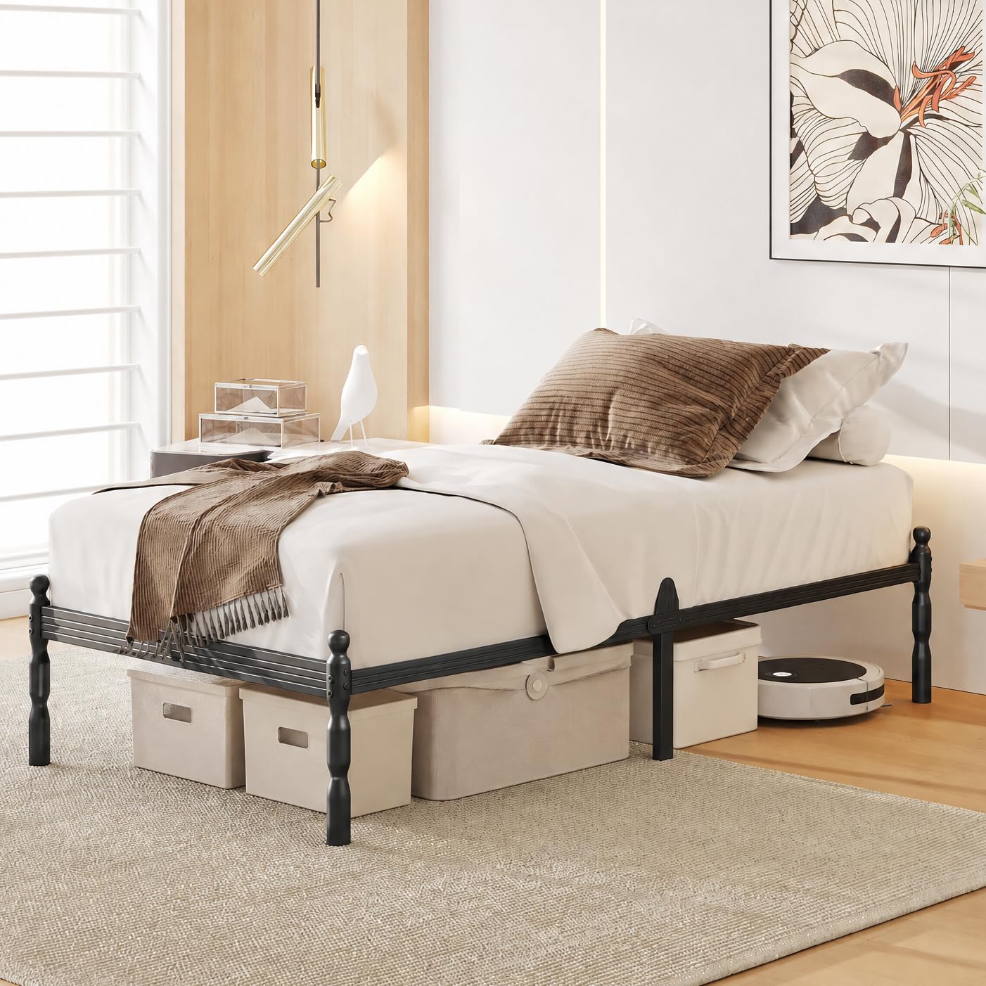 APEXTELLA HOME Single Bed Frame 3ft Vintage Style Metal Platform Bed Frame Anti-Slip Stoppers, Easy Assembly,Platform Noise-Free,Underbed Storage Space and Heavy Duty Mattress Foundation