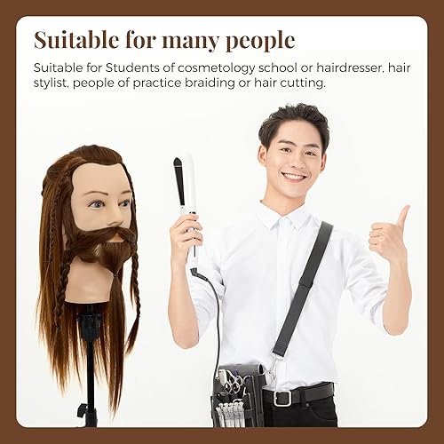 Miniatura 5 de Neverland Beauty - Cabeza de maniquí masculino con cabello 100% real, cabeza de maniquí de barbero de 14 pulgadas, cabeza de maniquí de barba recta