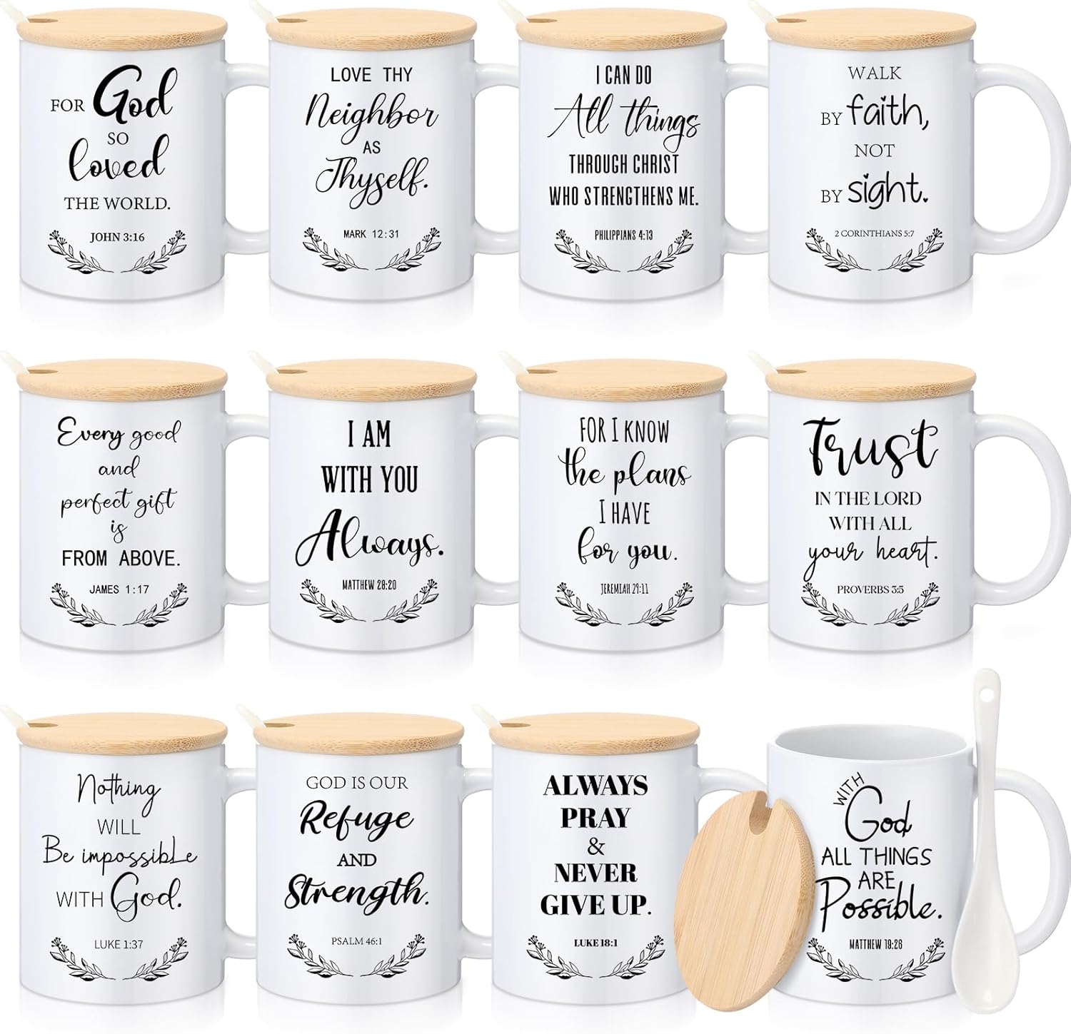 12 Sets Christian Gifts Bulk Religious Mugs 12oz Bible Verses Ceramic Coffee Cup with Lid Handle Spoon Inspirational Mug Church Gift for Coworker Employee Staff(Christian)