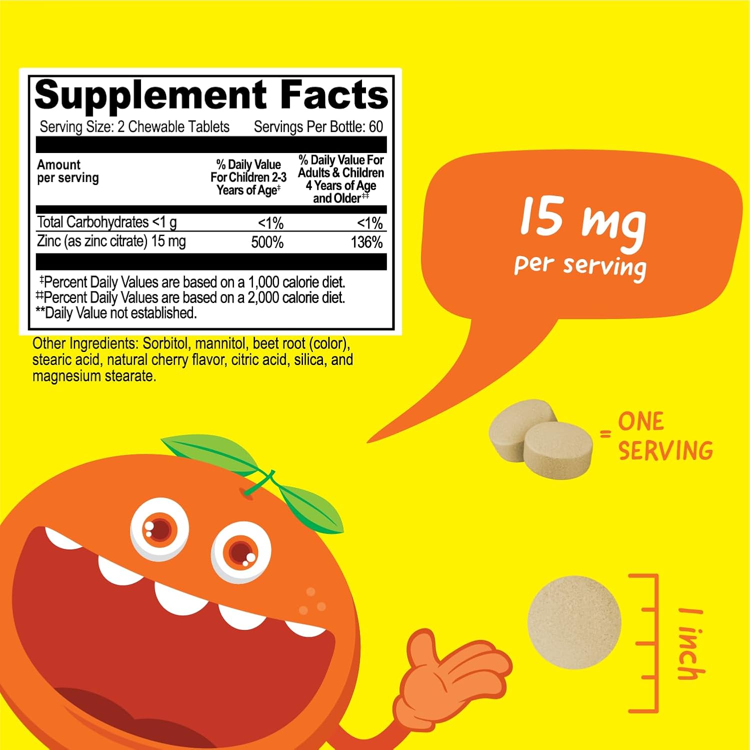 Kids Zinc 15mg Chewable Tablets - Natural Cherry Flavor - Vegan, Vegetarian, GMO-Free, Gluten Free, Nut Free Vitamins - Dietary Supplement for Immune Support - for Children - 120 Chewables - Image 3