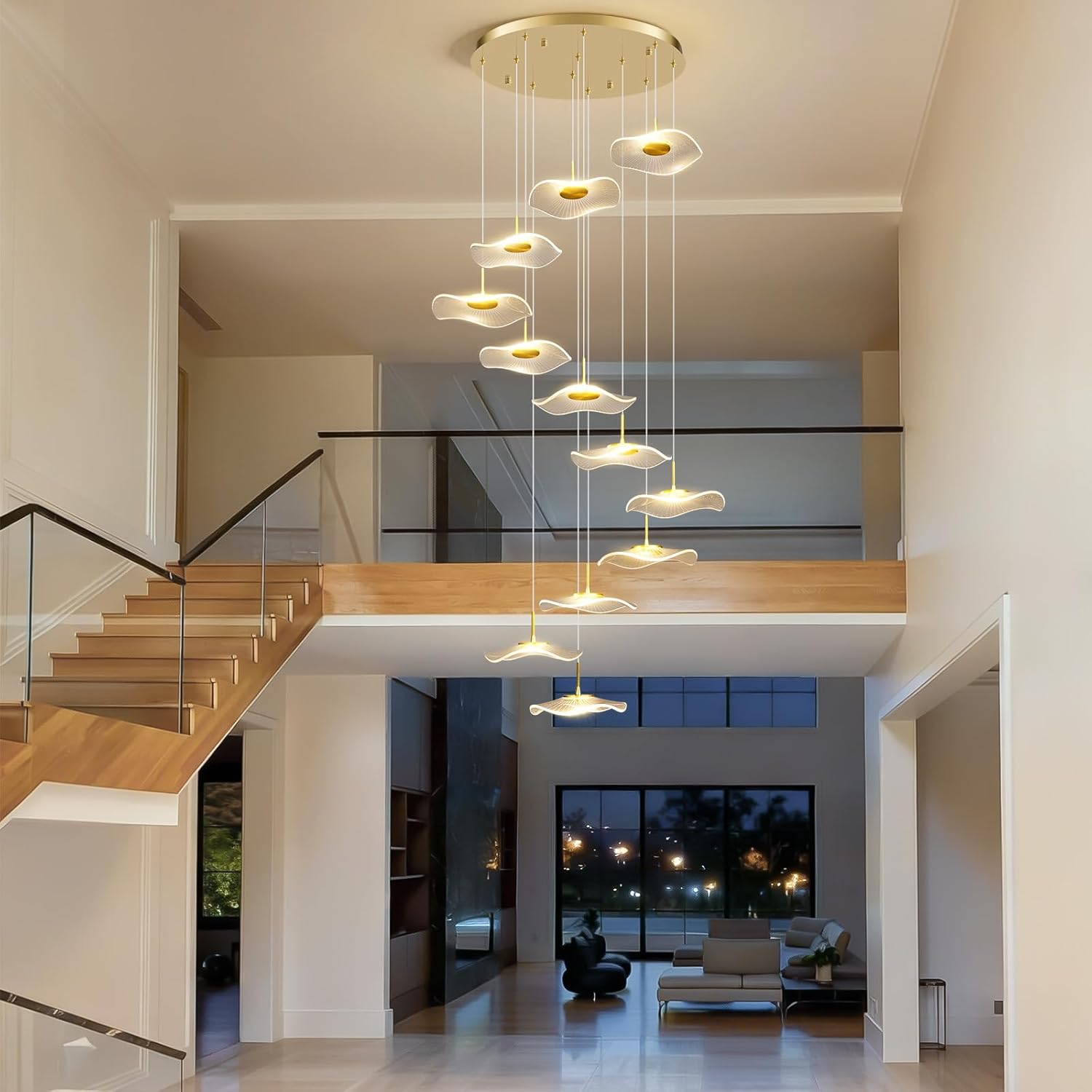Long Staircase Chandelier For High Ceiling: 12 Lights Gold LED Dimmable With Remote - Large Spiral Acrylic Lotus Leaf Lamp - Modern Linear Hanging Pendant Light Fixture For Foyer Entryway Living Room