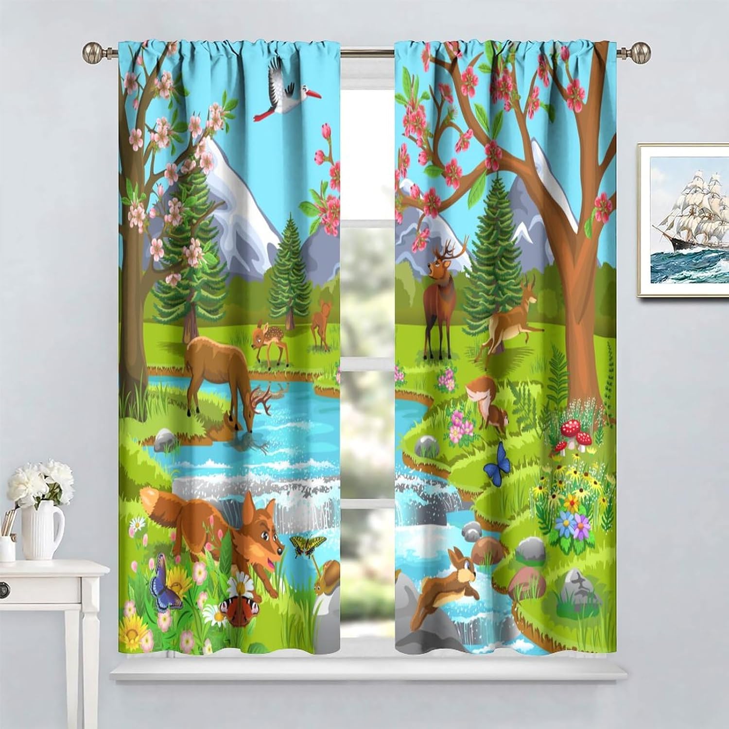 Animal Kids Cartoon Zoo Theme Curtains - Jungle Wildlife Deer Fox Rabbit Print Pattern Rod Pocket Curtains for Boys Girls Toddlers Bedroom Living Room Set 42x63 Inch 2 Panels
