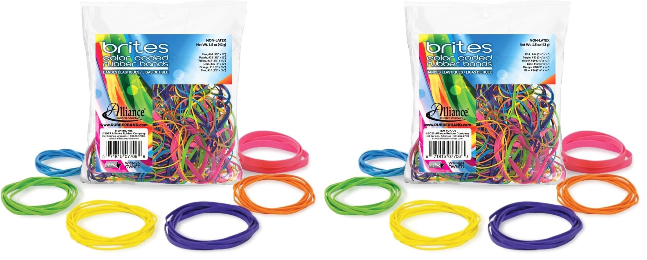 Alliance 07706 Brites Pic-Pac Rubber Bands, Blue/Orange/Yellow/Lime/Purple/Pink, 1-1/2-oz Box (Pack of 2)