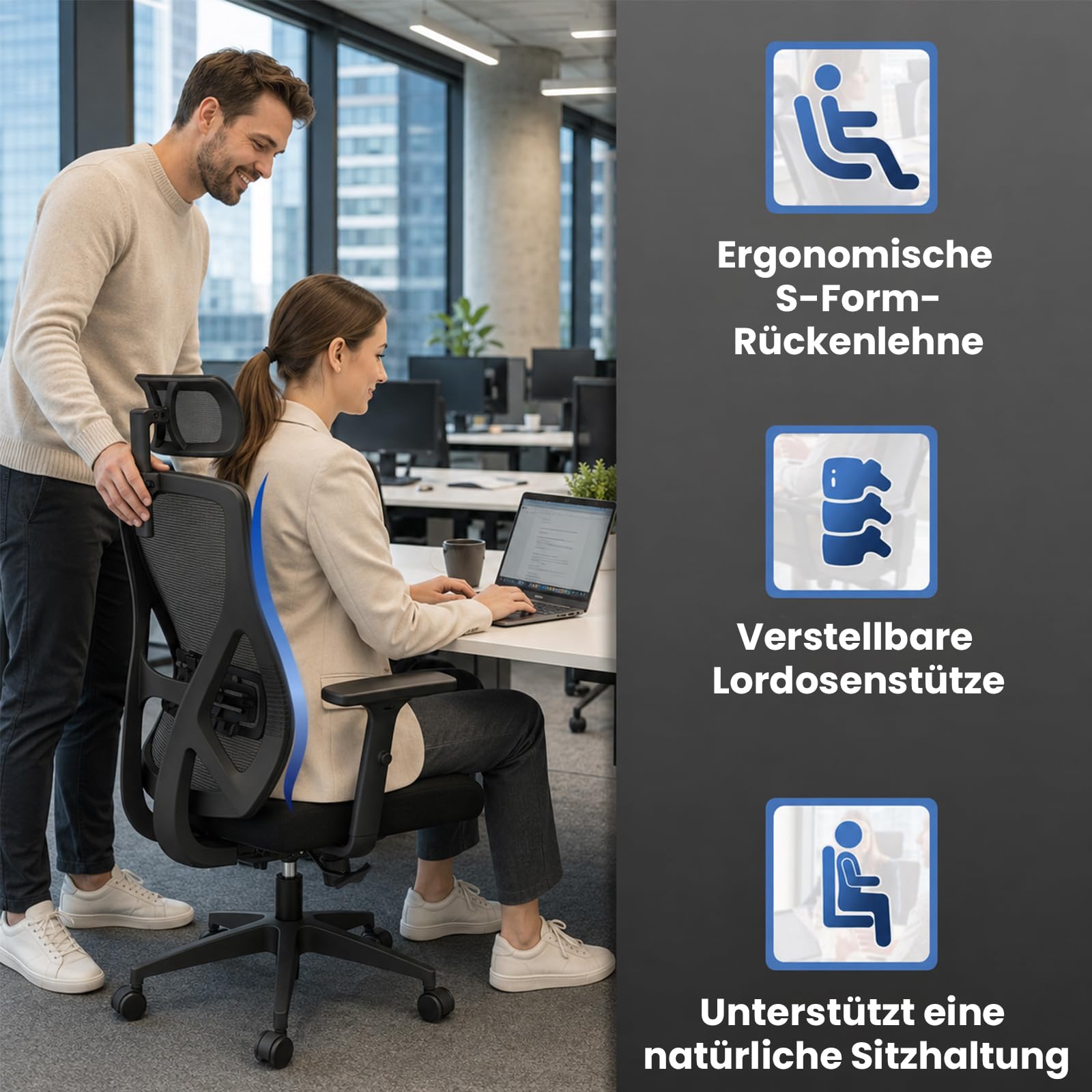 Bürostuhl ergonomisch, Schreibtischstuhl mit Kopfstütze, Lordosenstütze und höhenverstellbaren Armlehnen, Drehstuhl mit 90°-130° Wippfunktion, Netzstuhl bis 150 kg für Homeoffice