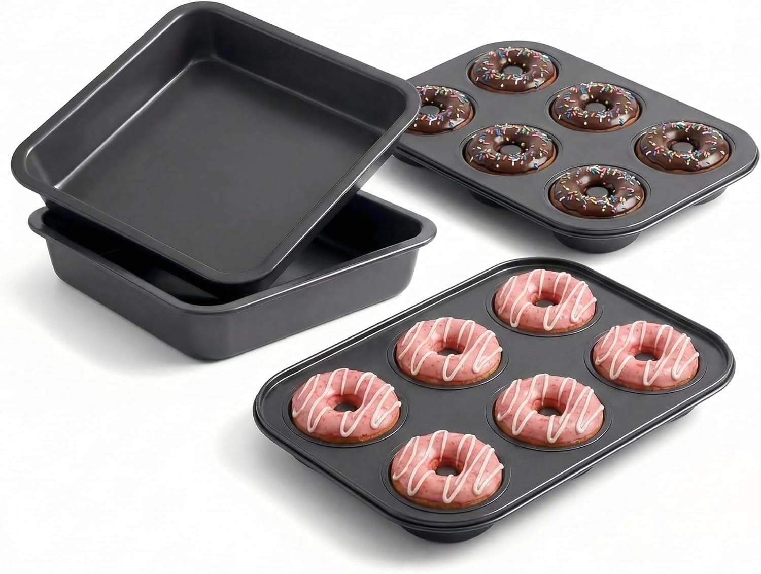 6 Pack Donut Baking Pans & 6 Pack 8 Inch Non-Stick Square Cake Pan Set, Carbon Steel Deep Cavity Doughnut Tray, Rust Resistant Bakeware, Oven Safe 450°F, Dishwasher Safe