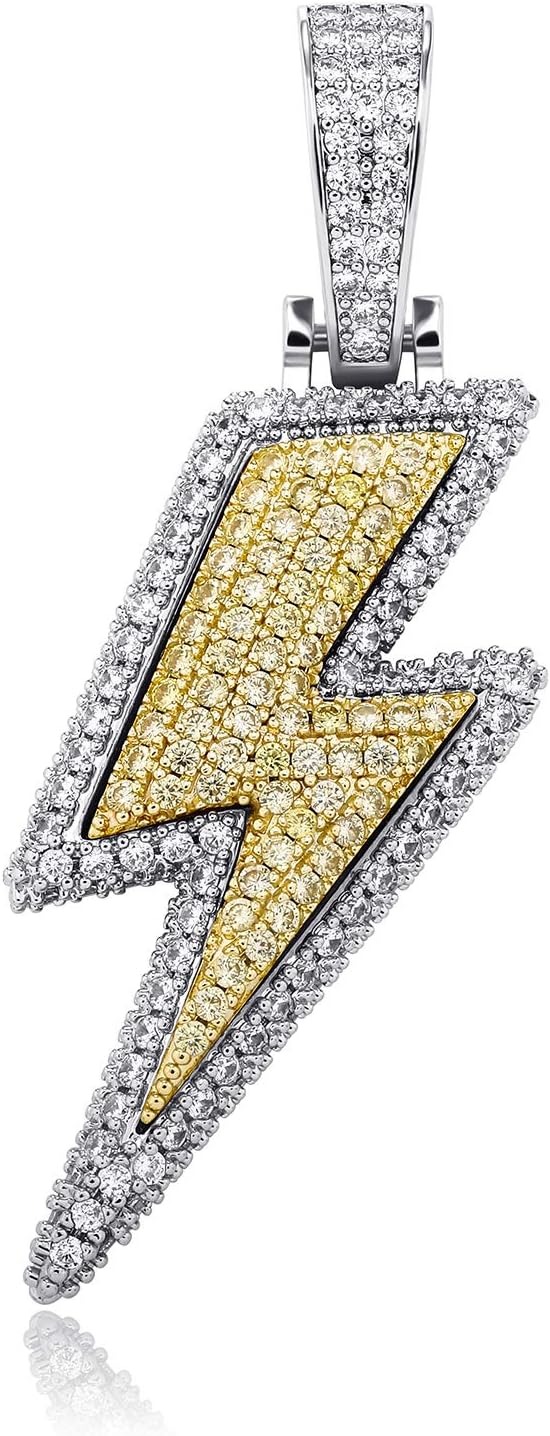 JINAO Hip Hop Lightning Bolt Design Pendant 18k Gold Plated Iced Out Cubic Zirconia Pendant Necklace with Micropave Simulated Diamond for Men Women