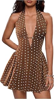 Women's Polka Dots Deep V Neck Halter Dress Ruffle Sleeveless A Line Mini Dresses