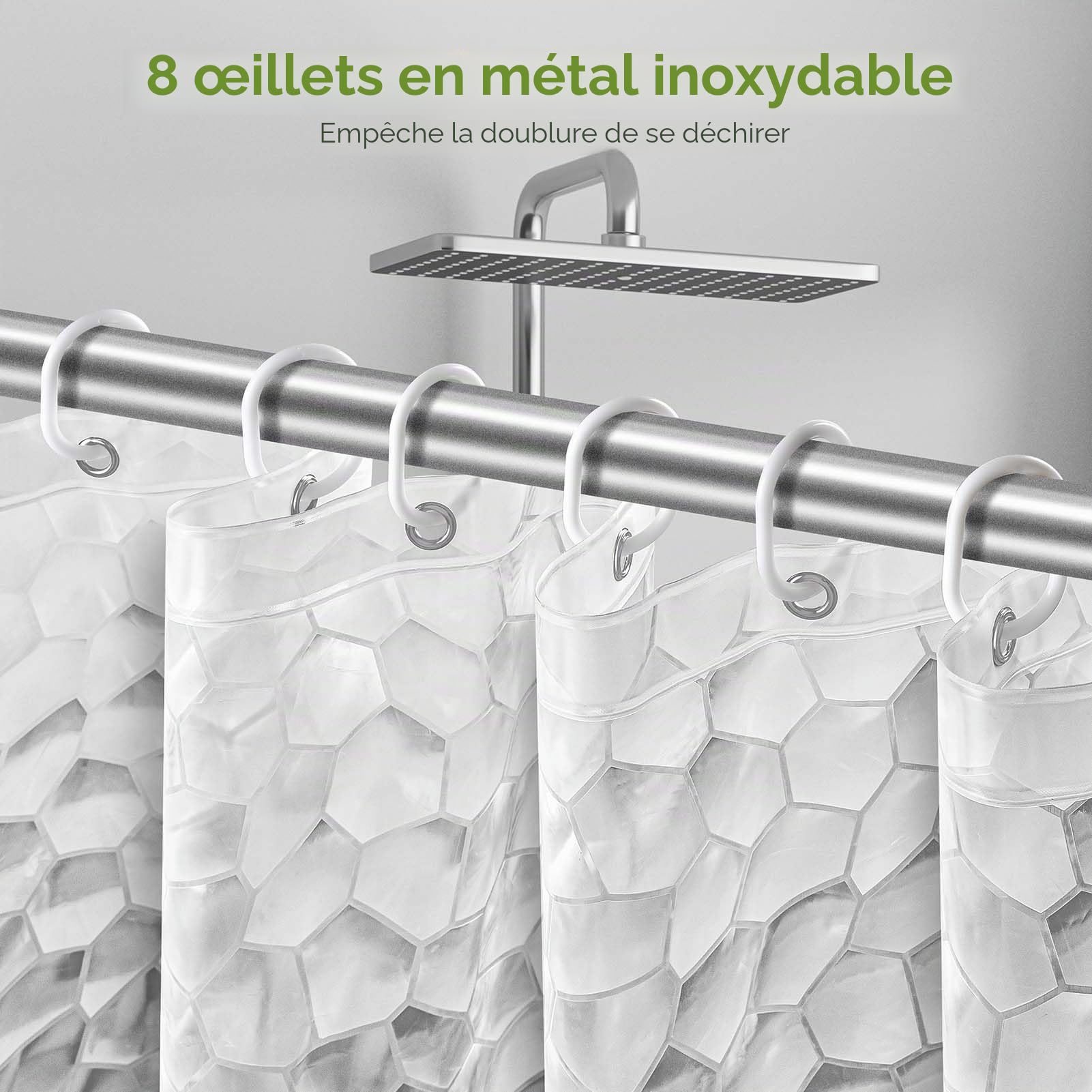 Rideau de Douche 120 x 200cm, 3D Semi Transparent EVA Anti Moisissure Imperméable avec 8 Anneaux