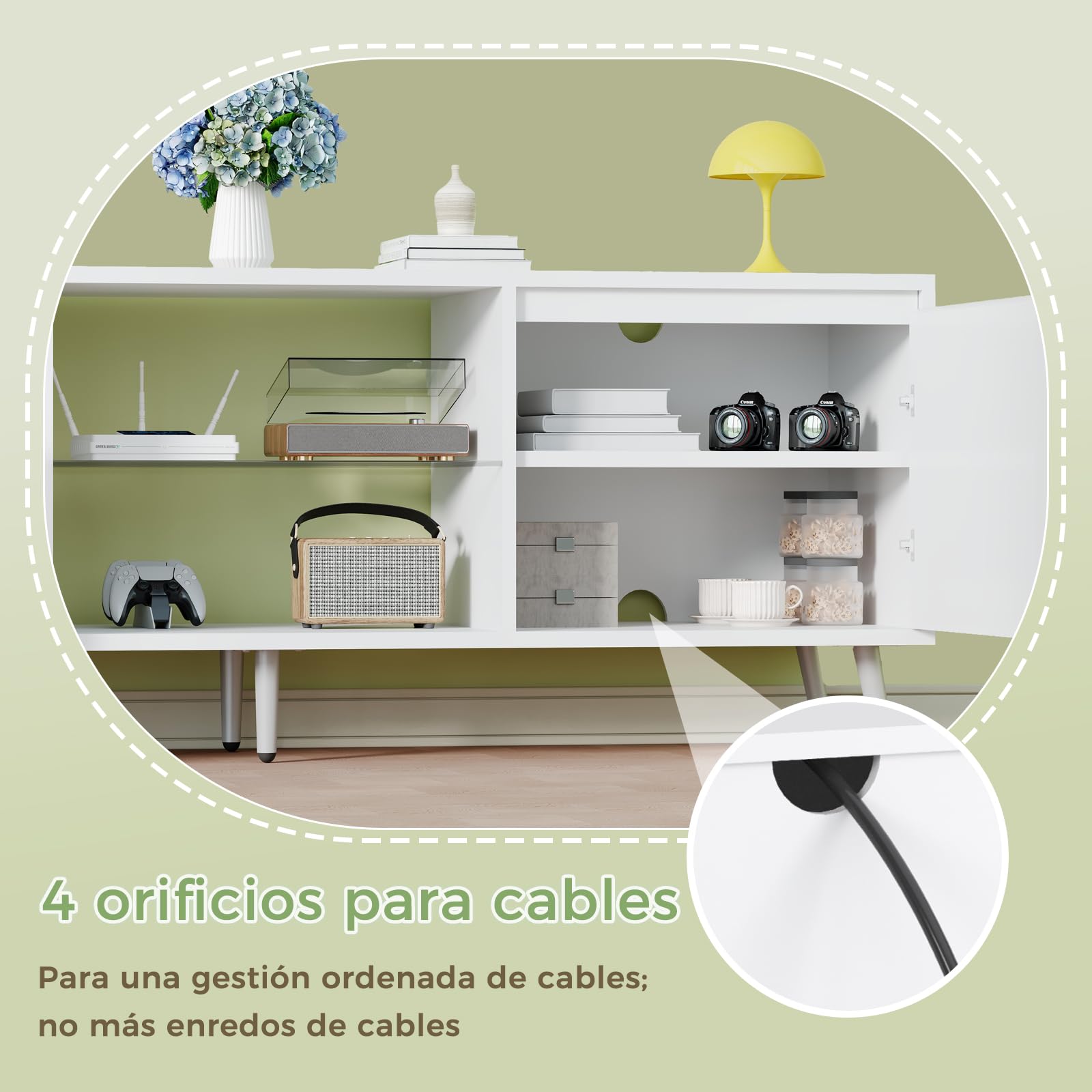 BEWISHOME Mueble TV con Luz LED Ajustable, Ideal para Dormitorio, Oficina | Mesa TV Salón Moderna de 2 Puertas, Soporte de TV con Estantes de Vidrio Ajustables en Altura, 148x40x49.5 cm EKDG04W