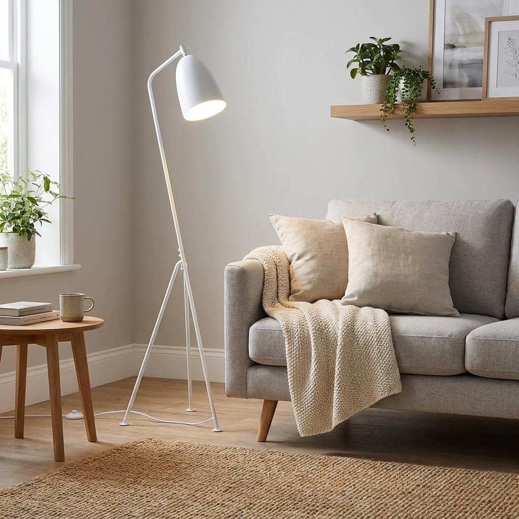 BARCELONA LED Lampa Podłogowa Shoppen Biała 160 cm, Lampa Trójnóg Vintage Mid Century, Regulowany Klosz E27, Styl Skandynawski Industrial Retro do Salonu Sypialni Biura