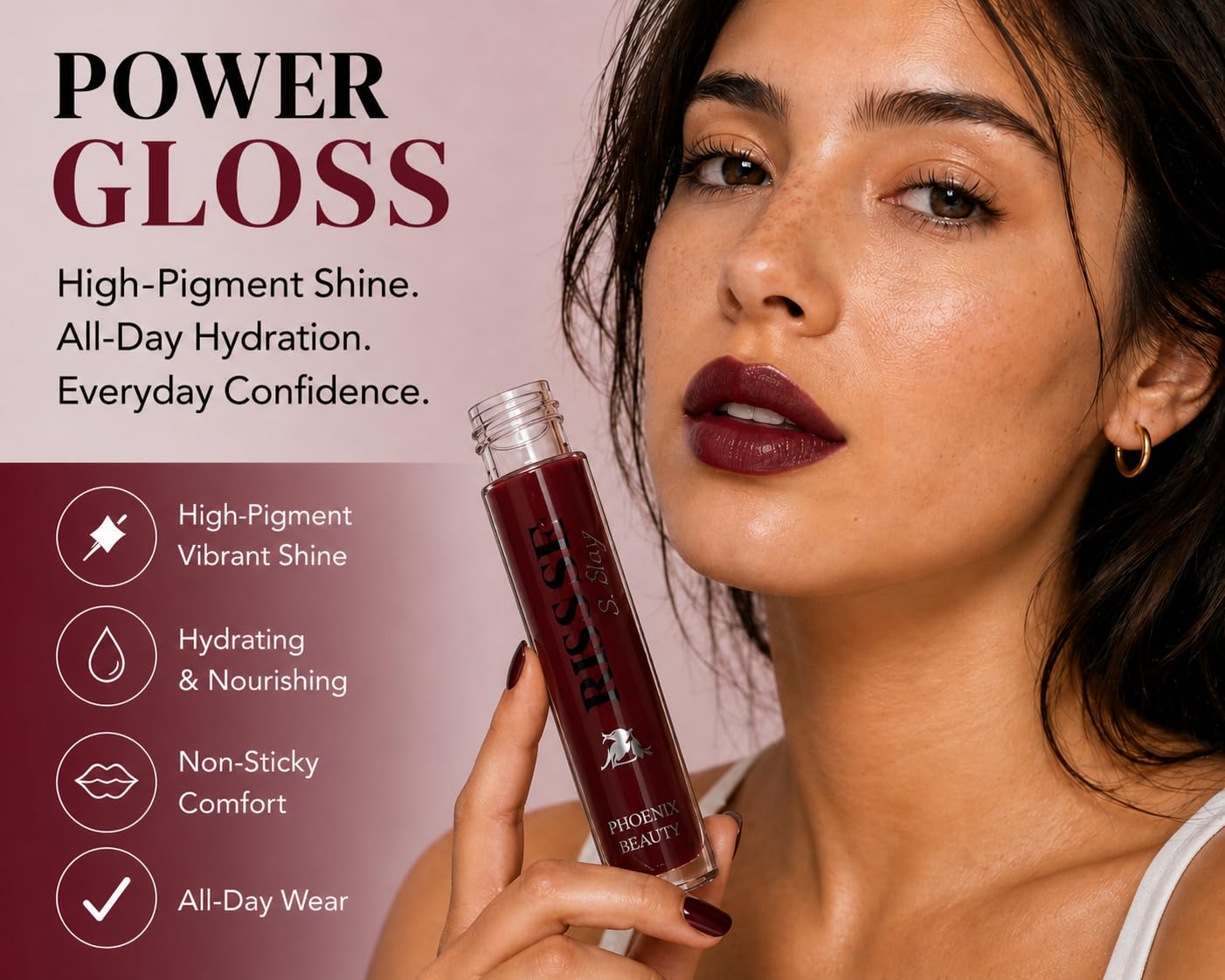 Power Gloss – Bold Merlot Vegan Lip Gloss with High Pigment, Hyaluronic Acid, Jojoba & Castor Oil for Vampy, Non-Sticky, Moisturizing Color (Merlot)