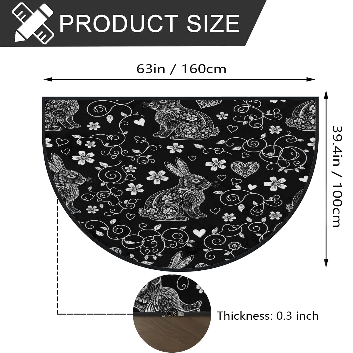 Große halbrunde Fußmatte – schwarz-weiße Hasen-Blumen, waschbar, rutschfest, halbrund, Eingangsbereich, Teppich, niedlich, weich, halbrund, saugfähig, Teppich für Küche, Badezimmer