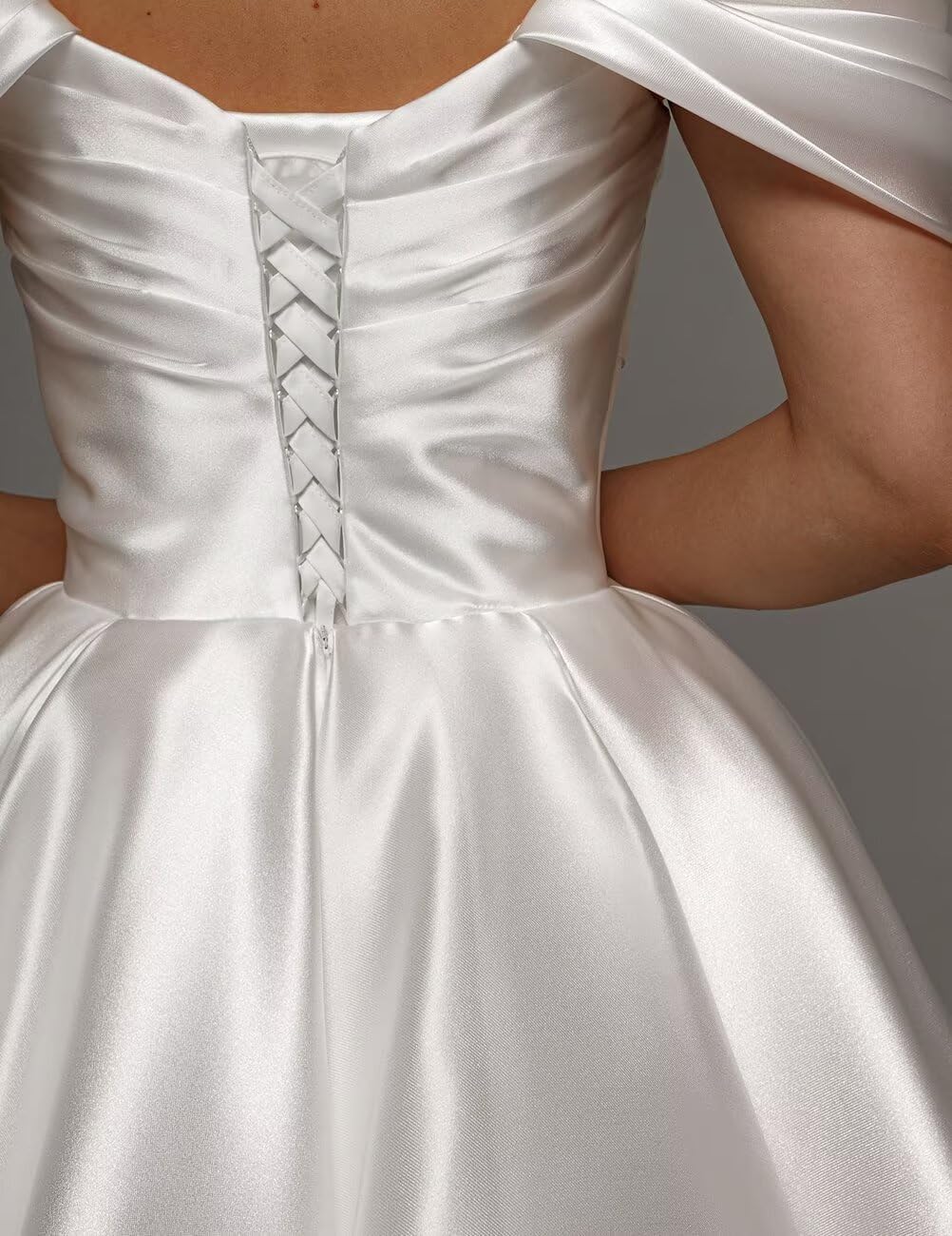 Off Shoulder Satin Wedding Dresses for Bride Tea Length A Line Prom Dresses Pleated Modest Cocktail Party Gown