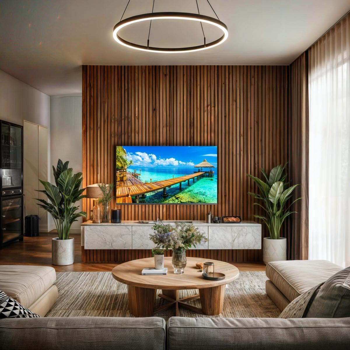 Televisor vista frontal com painel de madeira clara e imagem vibrante de paisagem tropical na TV montada