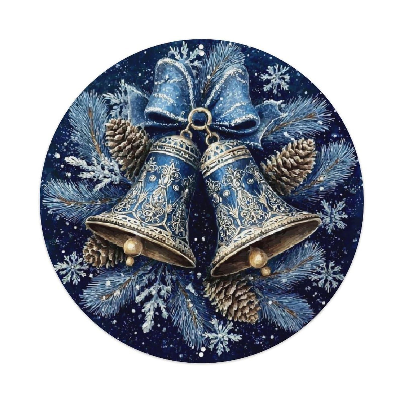 Blue Bells Snowflakes Pinecones Bow Round Metal Tin Sign Vintage Wall Decor, Bar Garage Cafe Kitchen Home Wall Art Poster 8x8inches