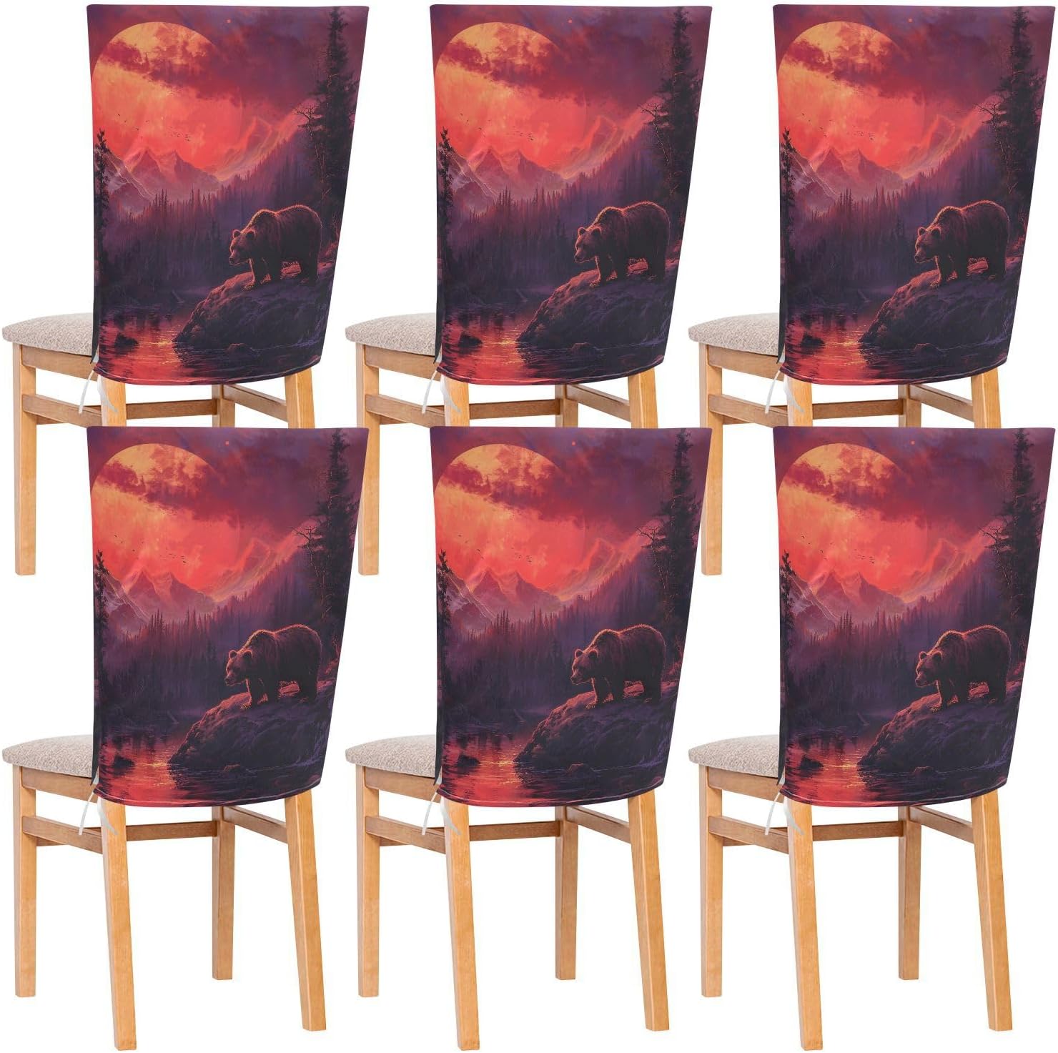 ALAZA Vintage Bear at Sunset Chair Back Cover Set of 6, Washable Reusable Removable Chair Slipcovers Decorative Chair Cover for Home Kitchen Wedding Party