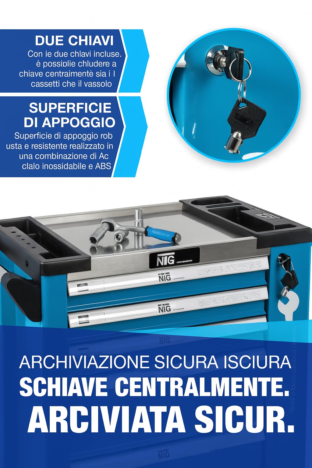 NTG carrello portautensili + utensili + 7 cassetti | 247 pezzi | chiudibile a chiave | 6 dei quali con utensili | con intarsi morbidi in carbon look | cassetti pieni | carrello portautensili