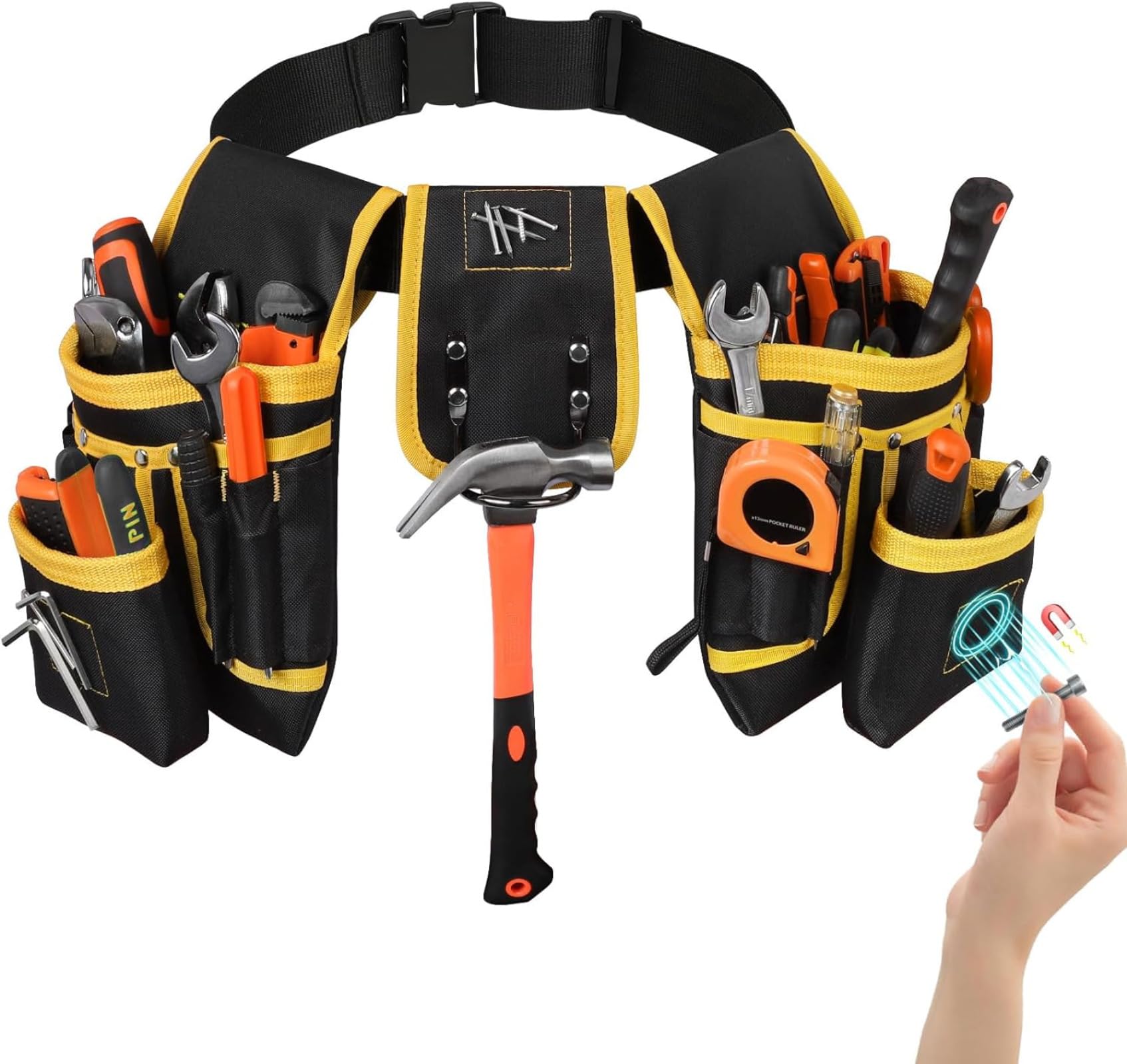 Nuyoah Tool Belt, Magnetic Tool Pouch with 26 Pocket Tool Belts for Men Heavy Duty Tool Pouch Bag, Detachable Tool Bags for Carpenter, Electrician, Woodworker, Construction, Gifts for Dad