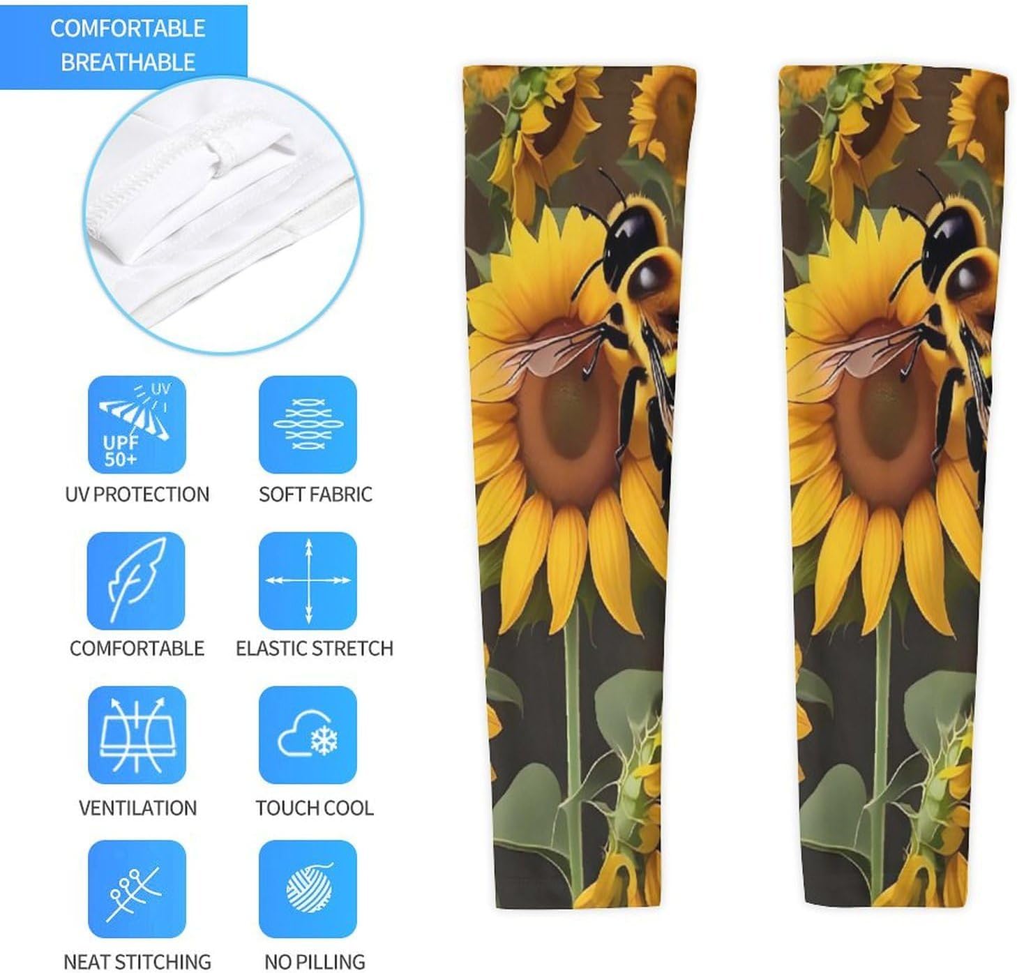 Cooling Arm Sleeves for Men Women Compression Arm Sleeve Bee & Sunflowers UV Sun Protection Arm Sleeves